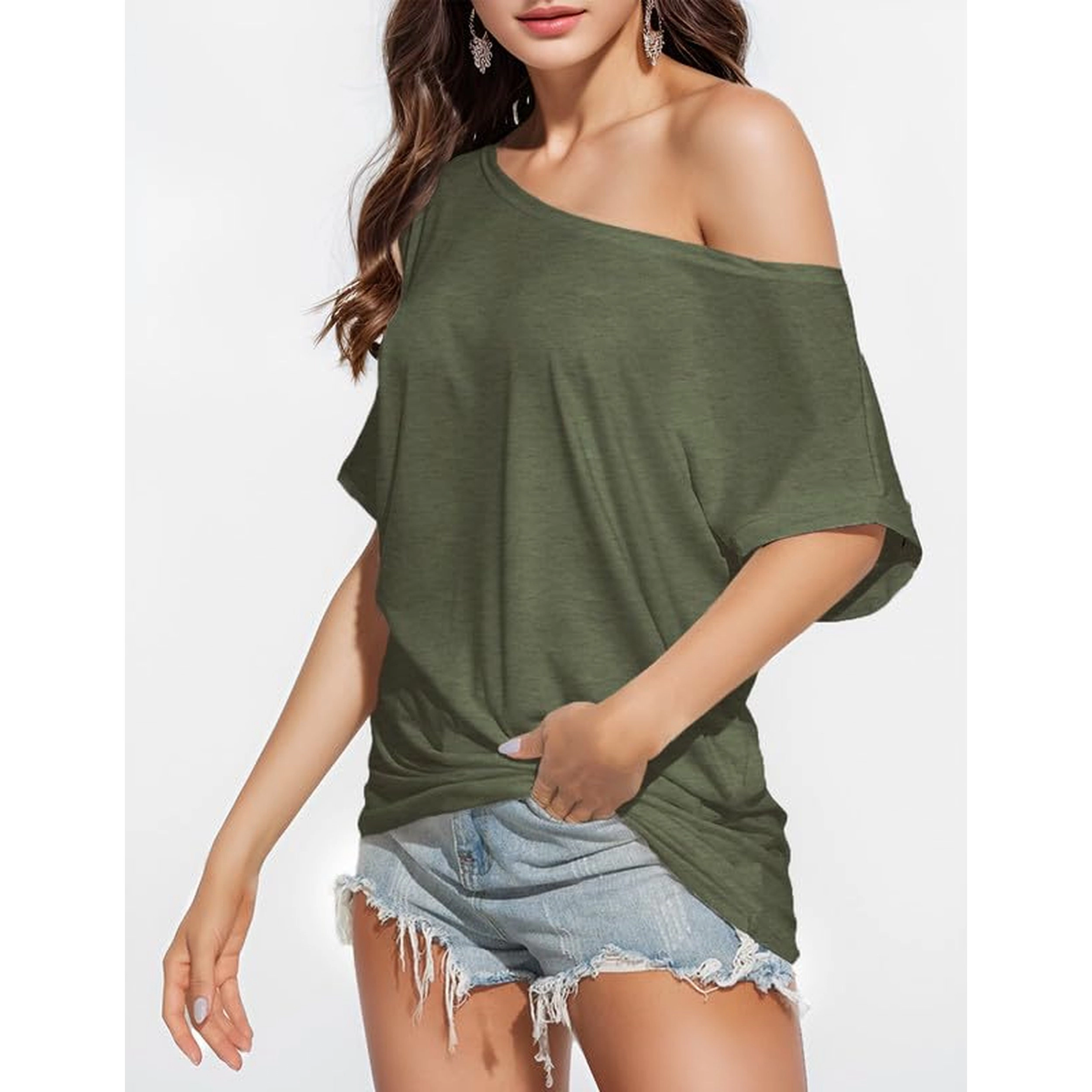 Zeagoo Women's Boat Neck Ruched Dolman Short Sleeve Off-Shoulder Batwing Blouse