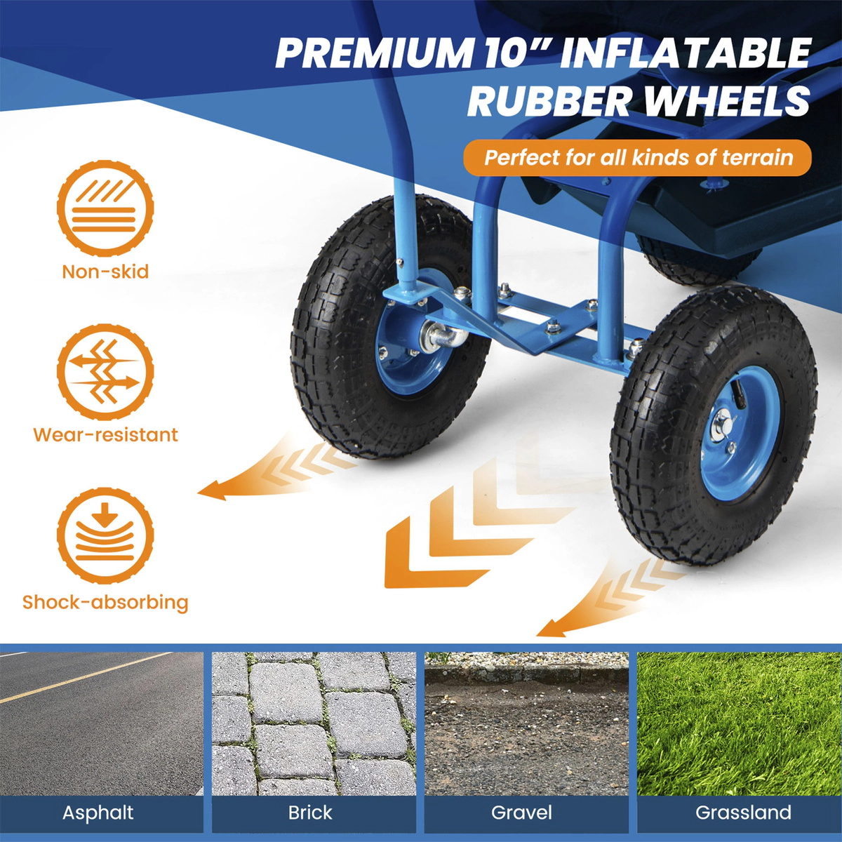 SUGIFT Rolling Garden Cart with Height Adjustable Swivel Seat and Storage Basket 330-lb Capacity Blue