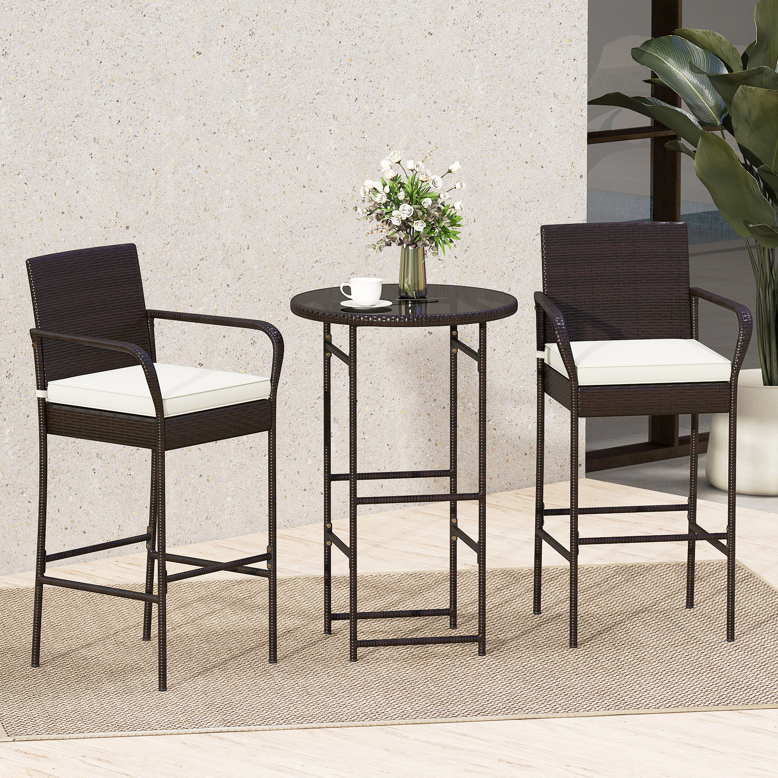 SUGIFT 3-Piece Outdoor Bar Set with Bar Table & 2 Cushioned Bar Chairs 400-lb Chair Capacity Mix Brown Rattan Off White