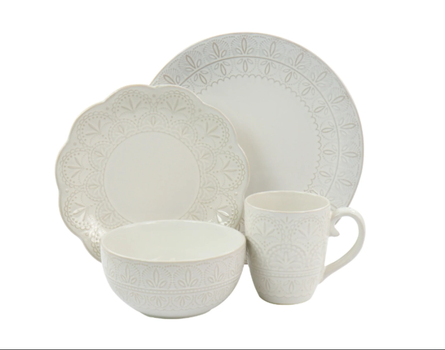 Elama White Lace Unisex 16 Piece Round Scallop Stoneware Dinnerware