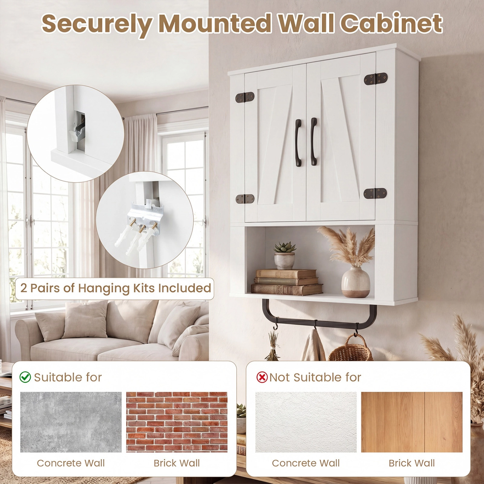 SUGIFT White 11-lb Per Shelf 2-Barn-Door Wall Mounted Bathroom Storage Cabinet with Towel Bar and 3-Tier Shelves