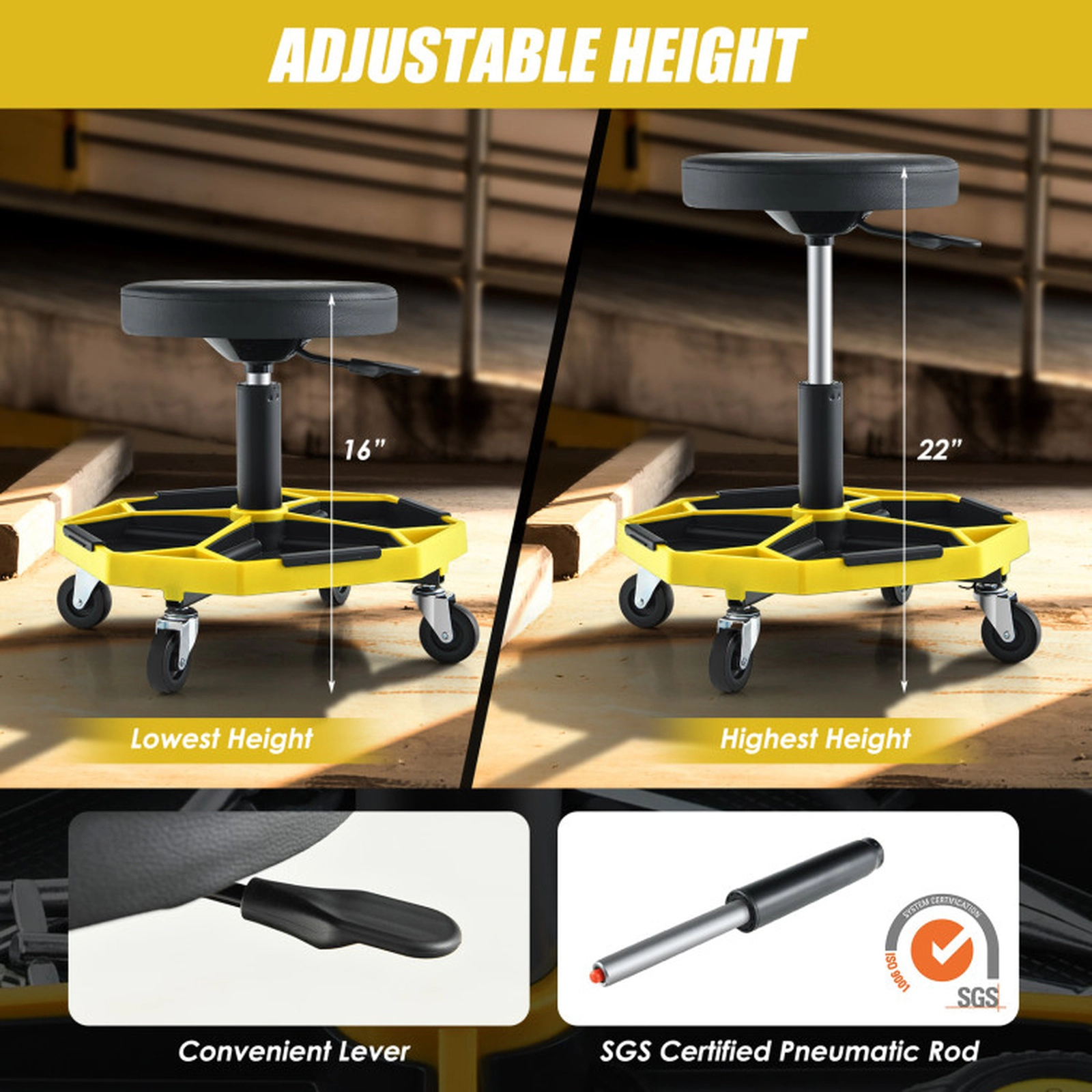 SUGIFT 4 Removable Chassis Magnetic Tool Tray Pneumatic Rolling Mechanic Stool 20-in x 20-in x 16-in 330-lb Yellow