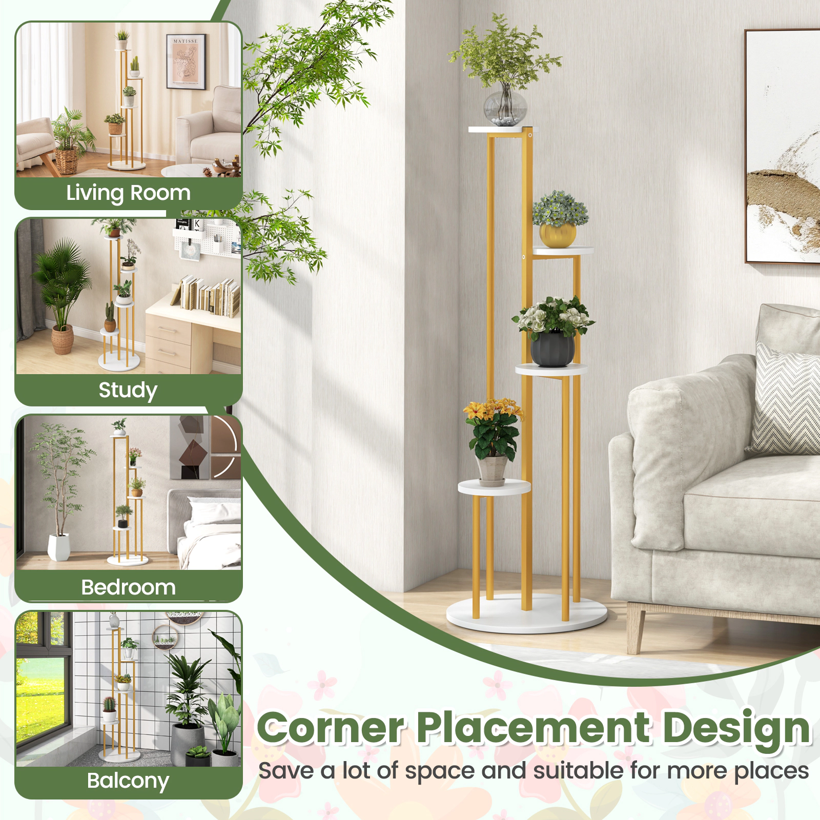 Slickblue 5-Tier Corner Plant Stand White MDF and Gold Metal Display Shelf