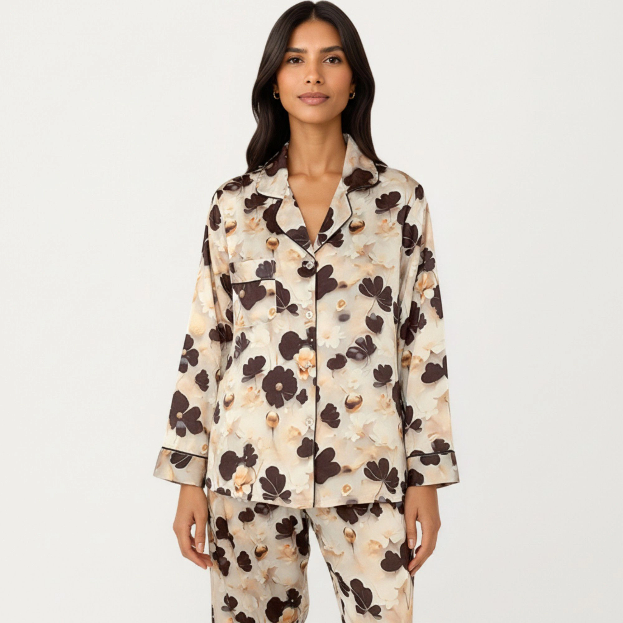 Anna-Kaci Women's 2-Piece Floral Satin Button Front Pajama Top with Contrast Piping and Elastic Waist Pants
