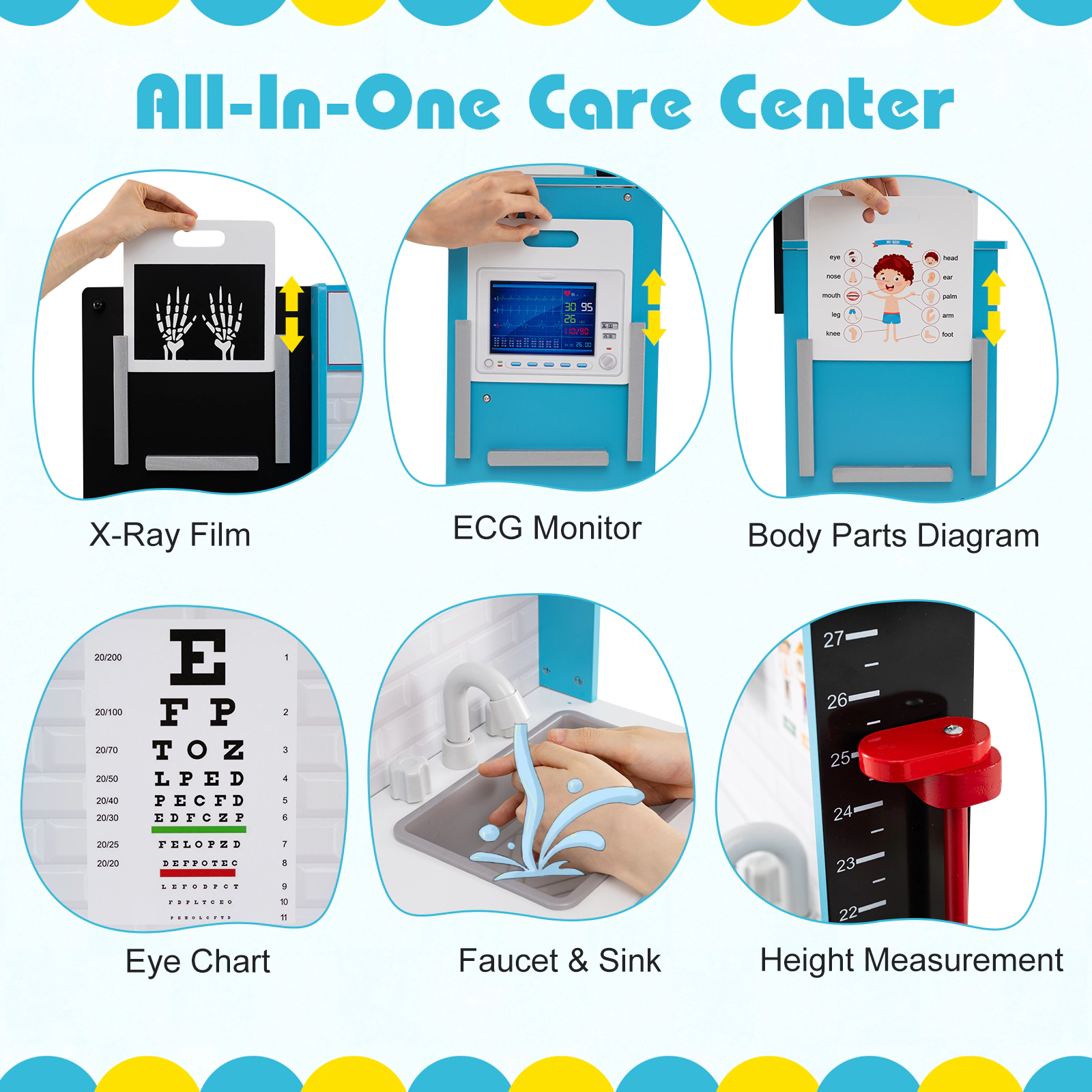 Wooden Doctor Playset X-Ray Film ECG Monitor Eye Chart 33.5-in Kids Medical Toy Set 29-pc Carrying Case Ages 3-6 Blue