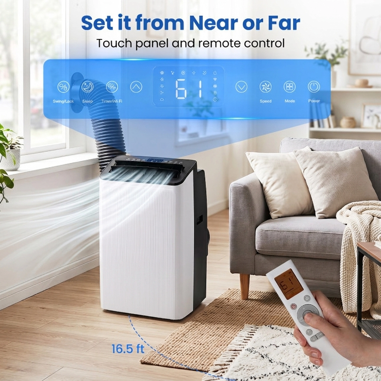 SUGIFT Black 14000-BTU Wi-Fi Portable Air Conditioner with Dehumidifier and 24H Timer 16.5-in W 14-in D 28.5-in H