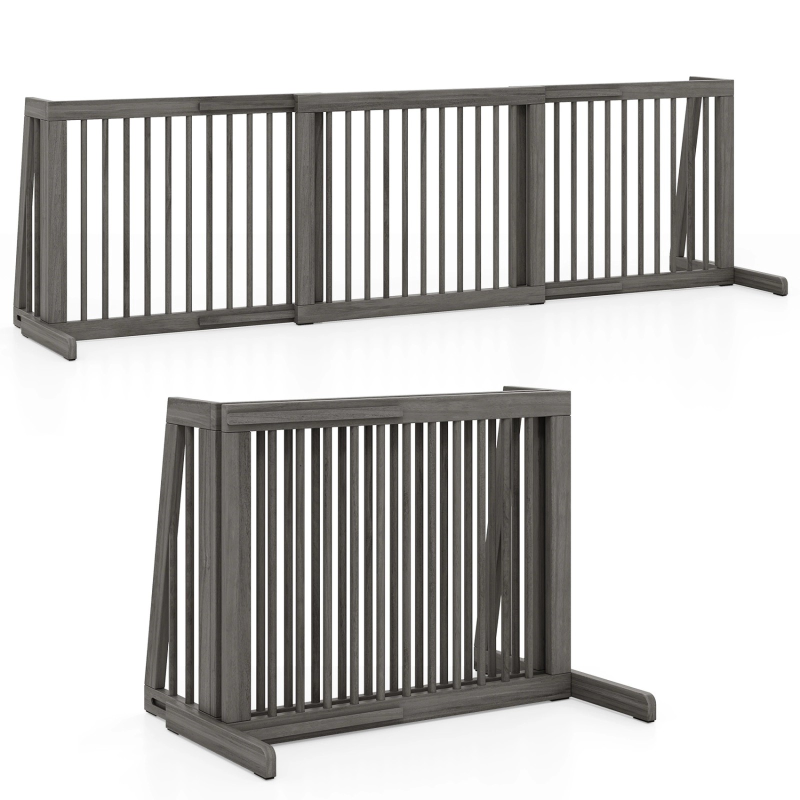 SUGIFT Folding Adjustable Free Standing 3 Panel Pine Wood Pet Gate 80-in Wide 22-in Tall Brown/Gray