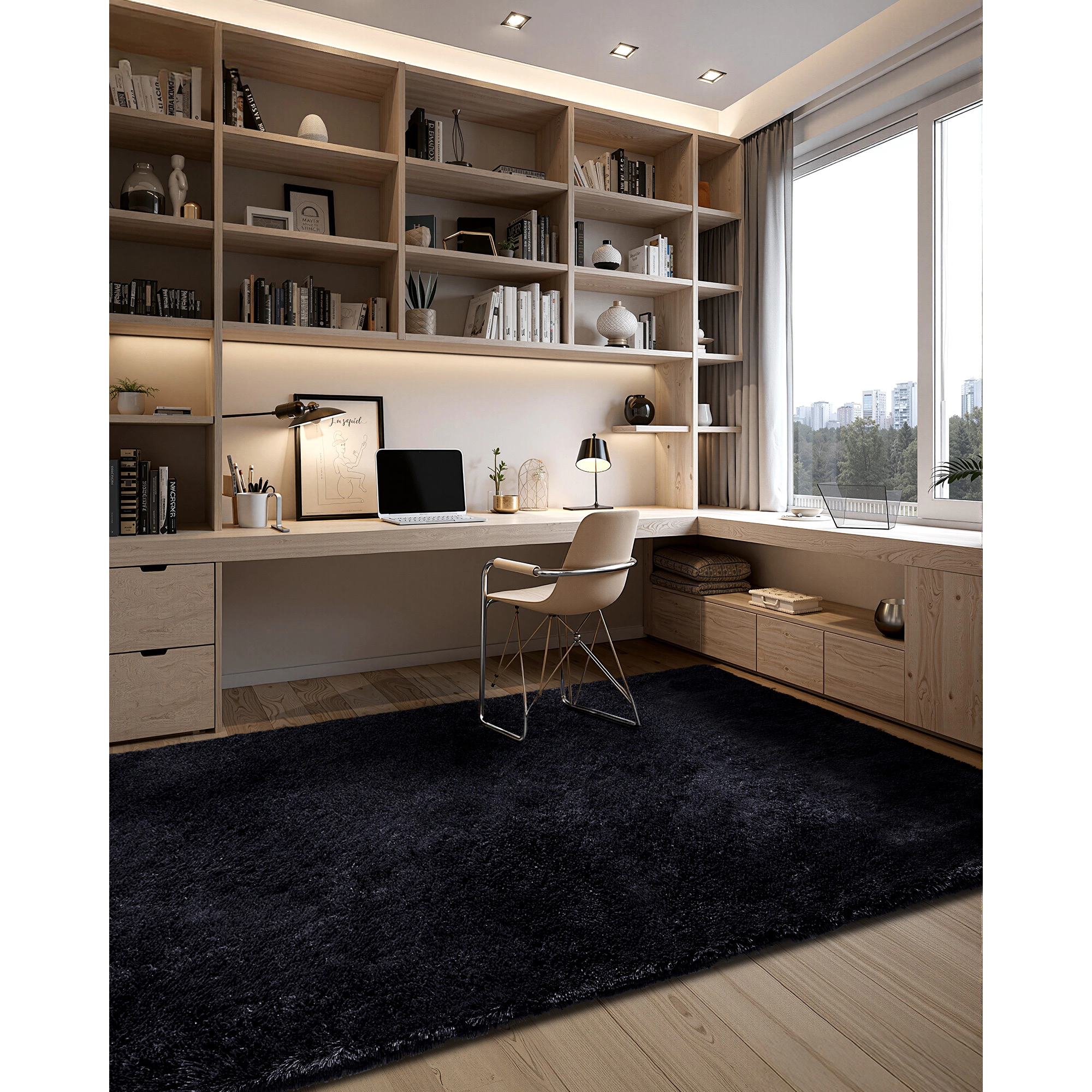 HONGGE 8 x 10 ft Plush Shag Area Rug, Fluffy Black Carpet with Non-Slip Backing for Living Room, Bedroom, Sunroom