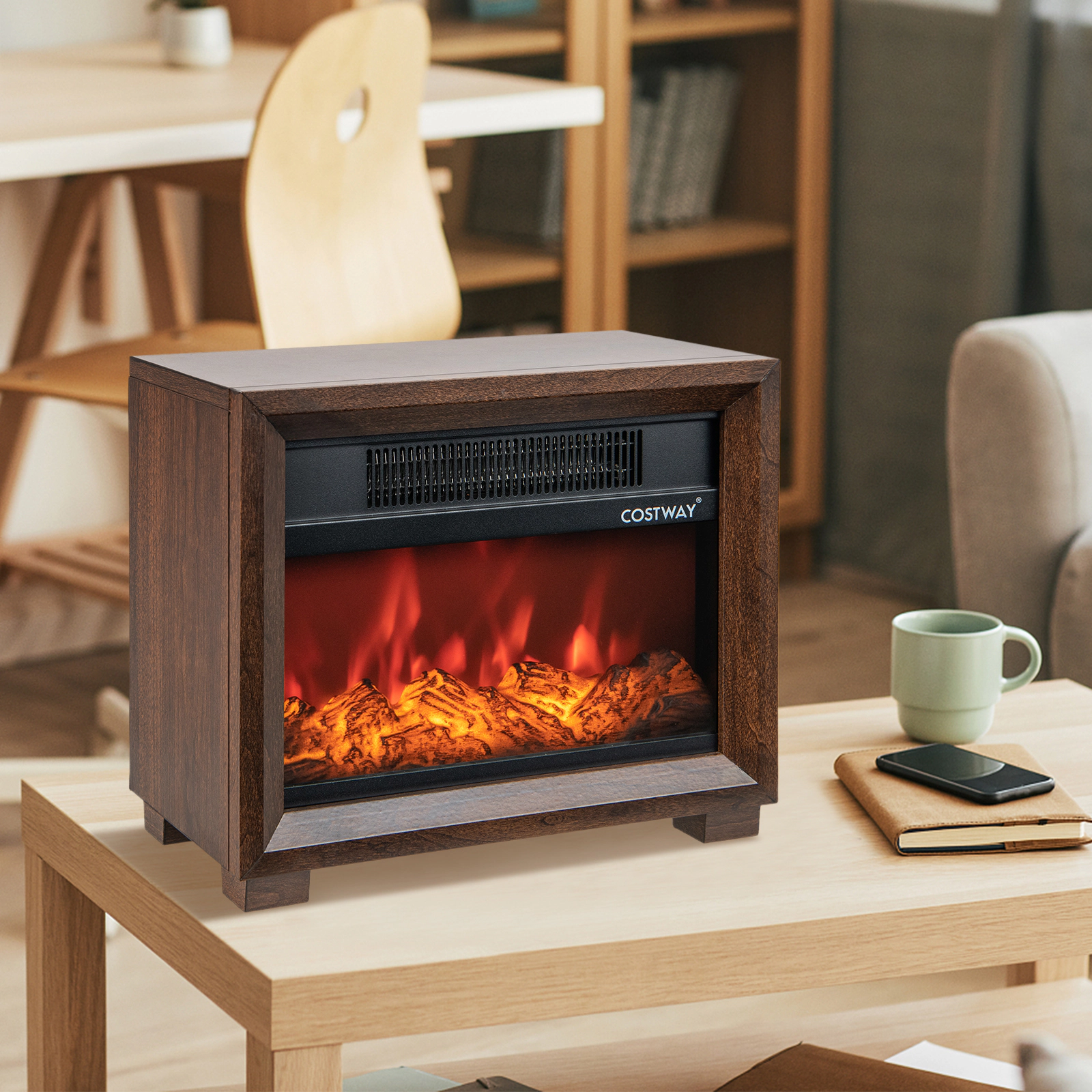 LJG Mini Wooden Space Tabletop Fireplace with Realistic Flame Effect