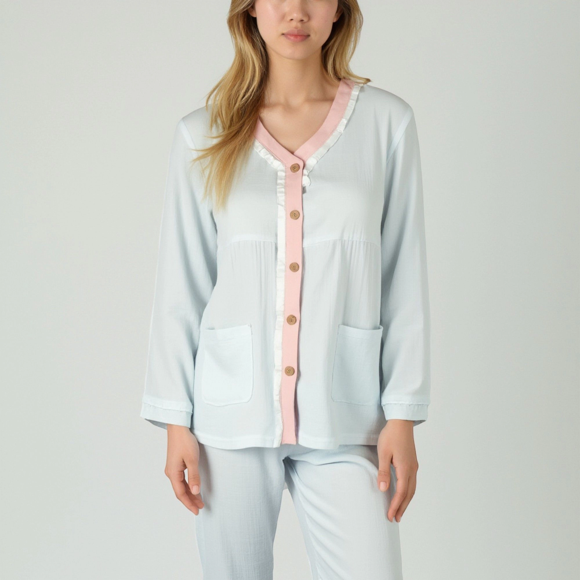 Anna-Kaci Women's Long Sleeve Button Up Pajama Set with Ruffle Trim and Front Patch Pockets