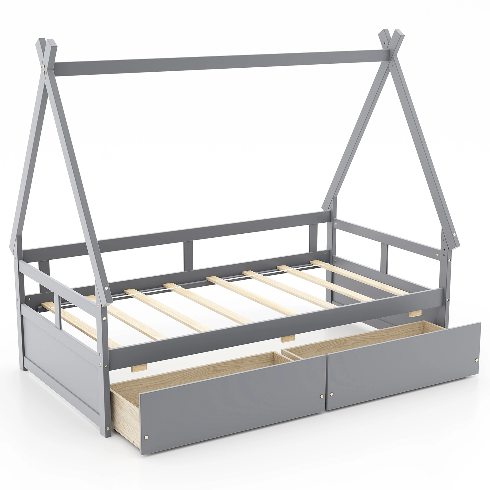 SUGIFT Roof Safety Guardrail and 2 Rolling Drawers 250-lb Twin Kids House Bed