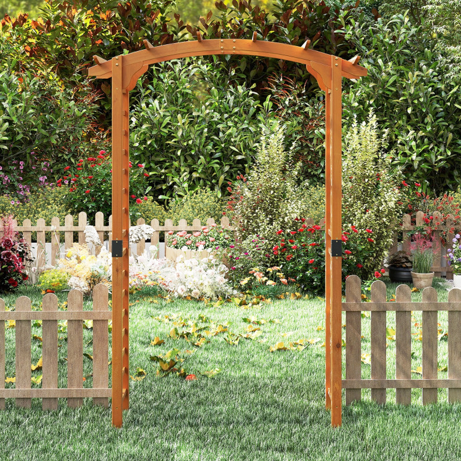 SUGIFT 7.5-Ft Orange Wooden Garden Arch Arbor with Lattice Trellises and Hanging Roof 63-in W 24-in D 90-in H