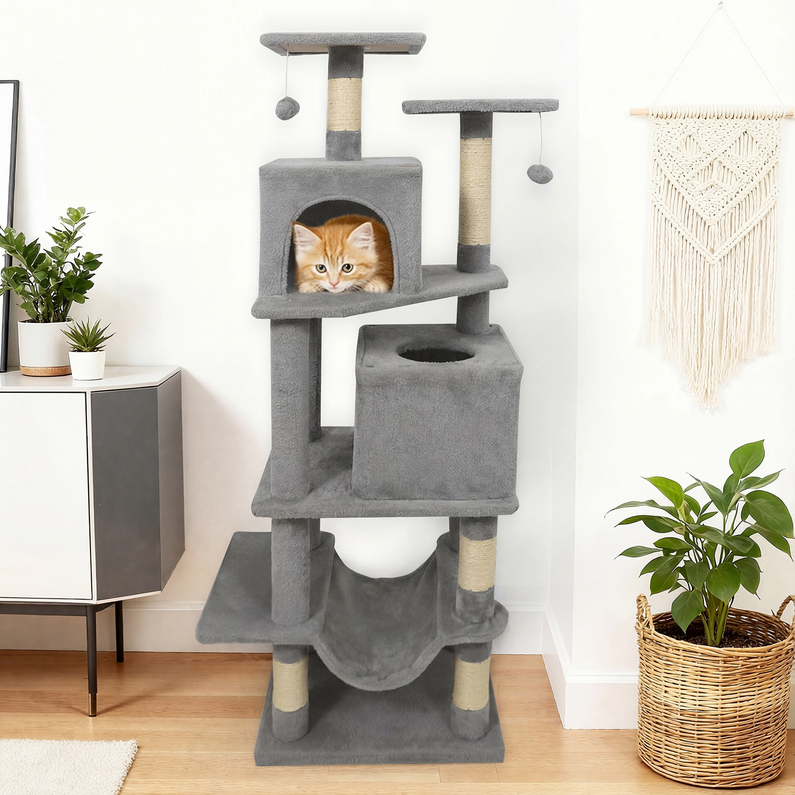 SUGIFT Multi-Level 57-in Cat Tree with Dual Condos Hammock and Sisal Scratching Posts Light Gray