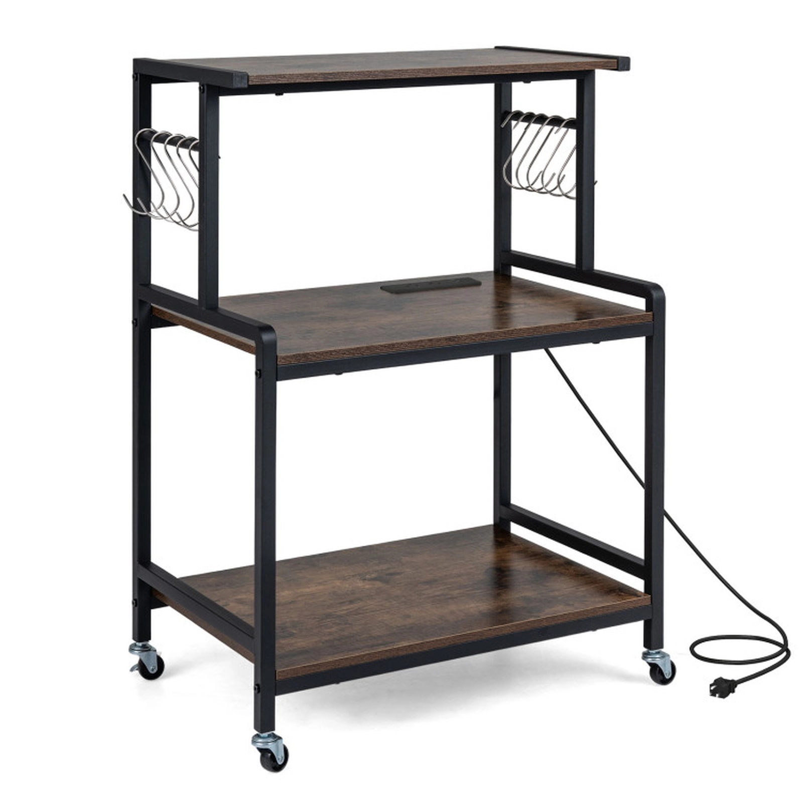 SUGIFT 3-Tier Rolling Microwave Cart with Power Outlet, Lockable Wheels and 10 Hooks 286-lb Capacity Rustic Brown