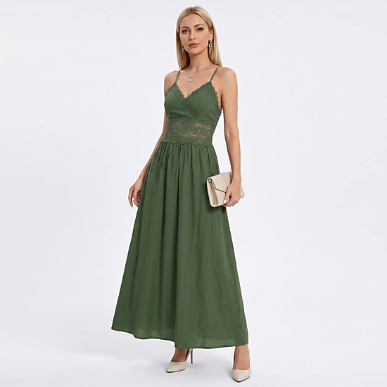 Anna-Kaci Women's Lace Waist Spaghetti Straps Surplice V-Neck Bodice Maxi Dress