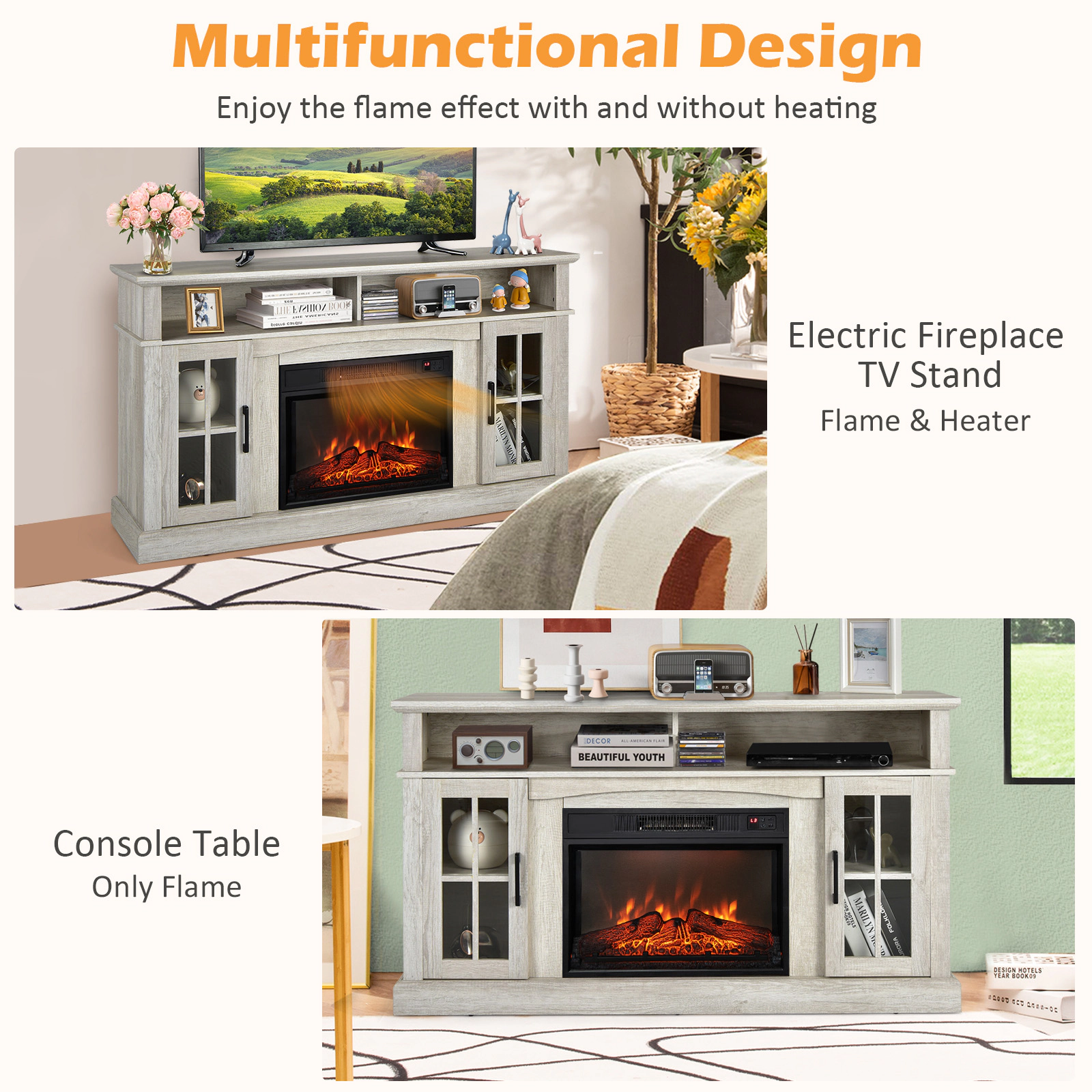 SUGIFT Gray Fireplace TV Stand for TVs up to 65 in with 5000 BTU Heater and Side Cabinets