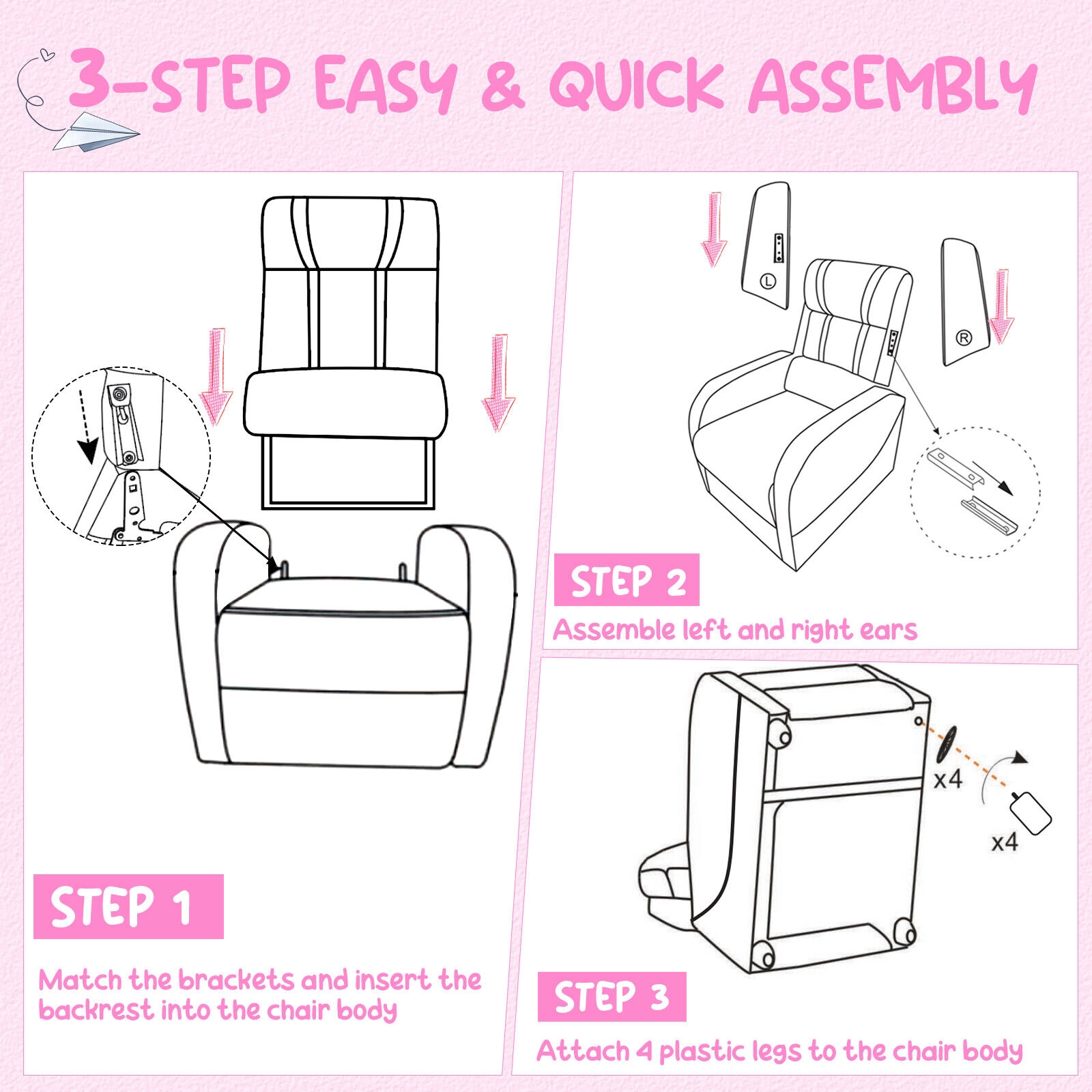 SUGIFT High-Density Sponge Kids Recliner Chair with Side Pockets and Footrest 110-lb Capacity Ages 3-12 Pink