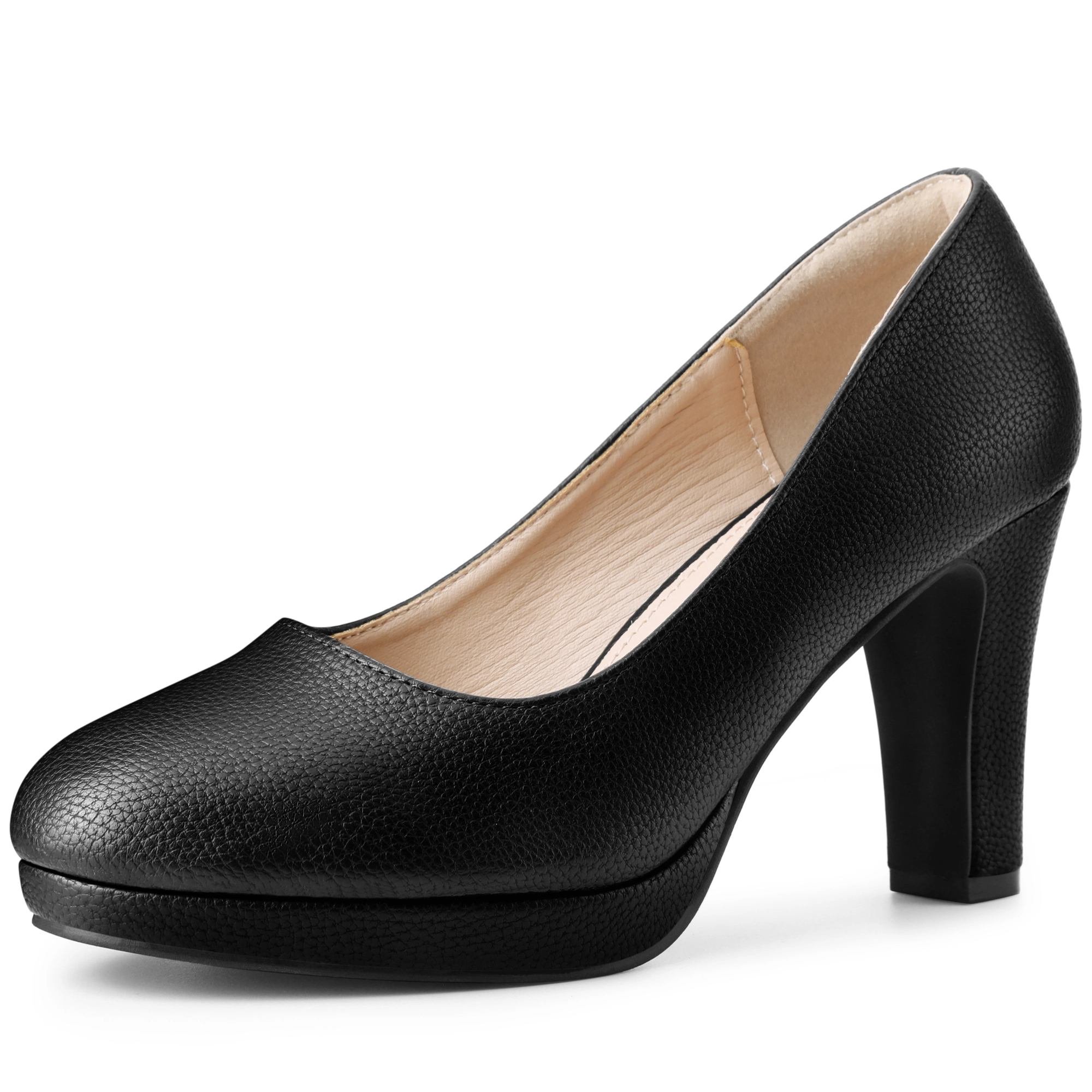 BLISSFUL STEP Women Faux Leather Round Toe Chunky Heel Platform Slip On Pumps