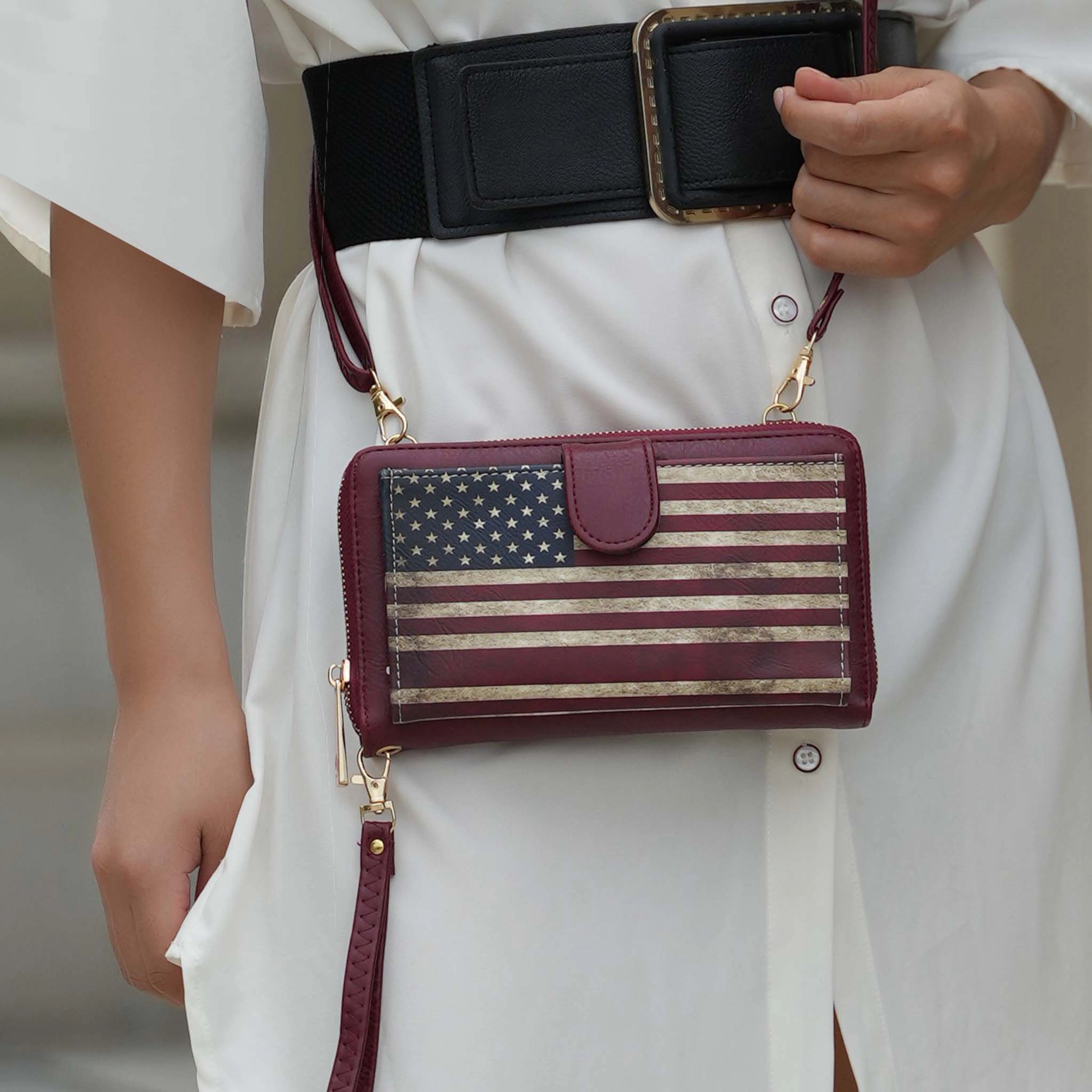 Mia K Collection Kiara Smartphone Wallet Crossbody Bag - Vegan Leather Patriotic Print