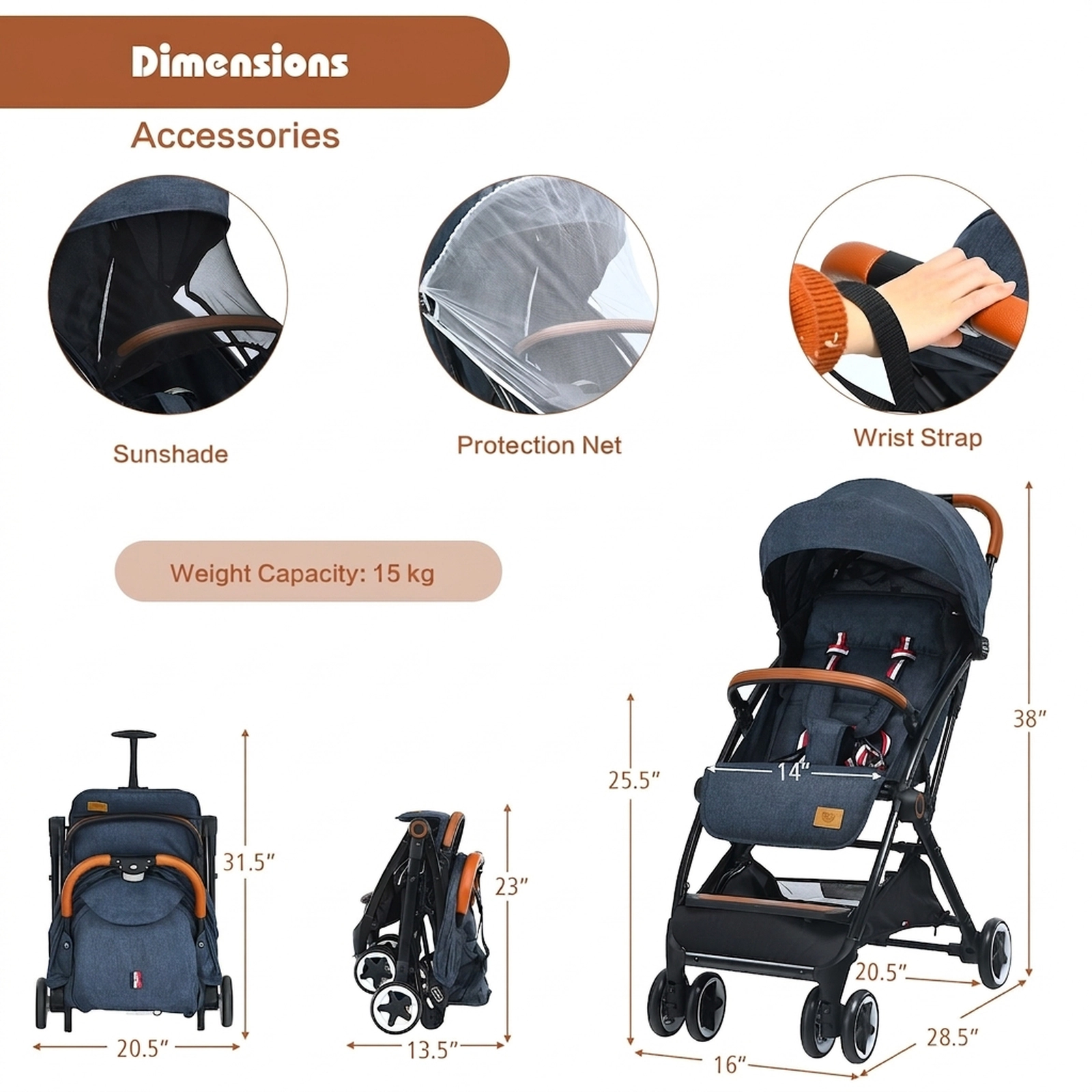 SUGIFT Blue 33-lb Capacity Lightweight Aluminum Baby Stroller with Mosquito Net Parasol and Pull Rod