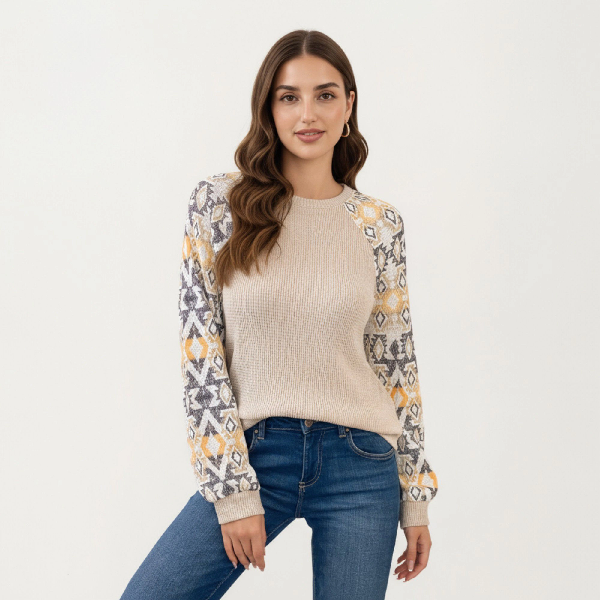 Anna-Kaci Women's Long Sleeve Knit Top with Geometric Pattern Sleeves Textured Body