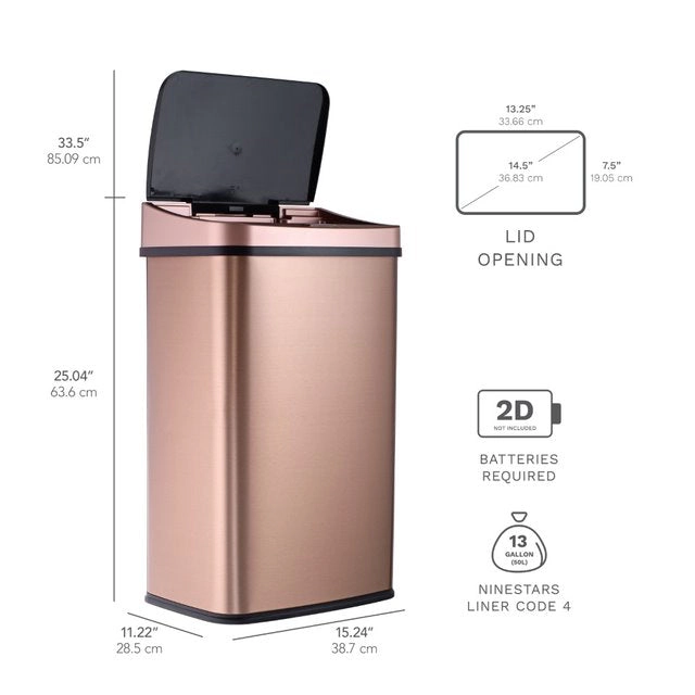 Ninestars Rectangular 13.2-Gallon Stainless Steel Motion Sensor Trash Can