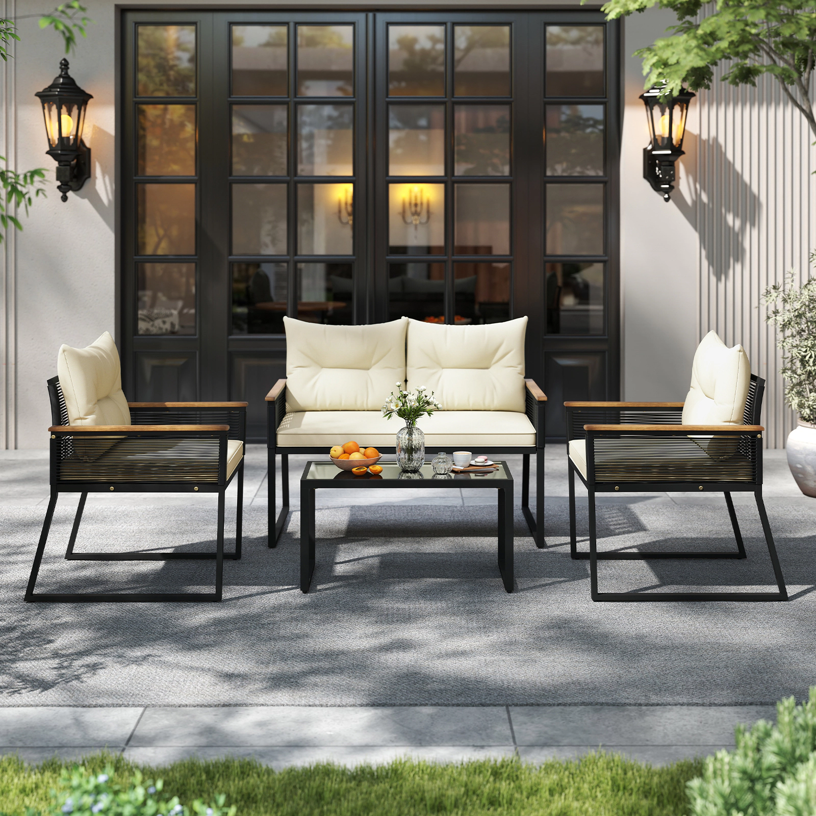 LJG 4 Pieces Patio Furniture Set Outdoor Conversation Set with Tempered Glass Coffee Table