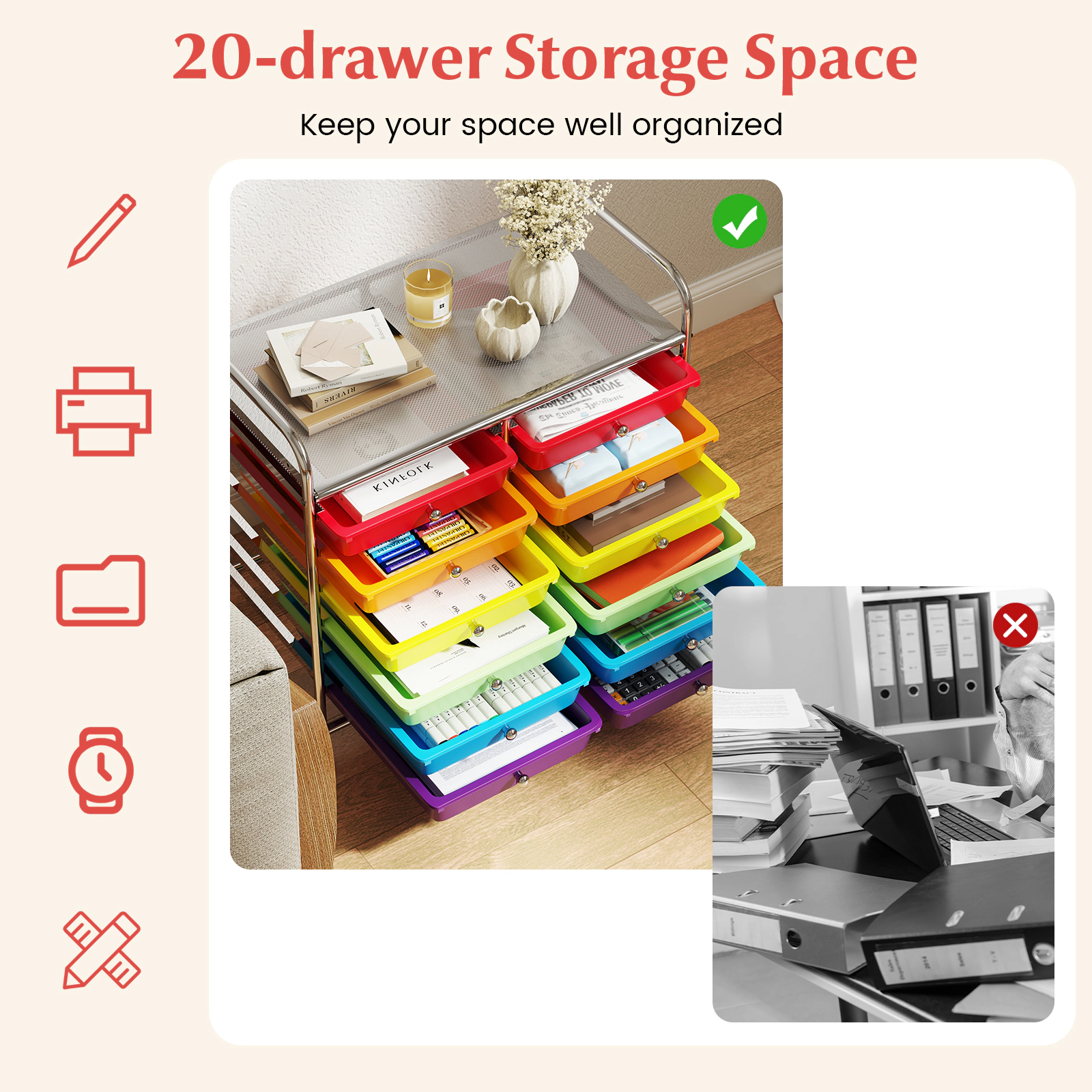 SUGIFT 12-Drawer Rolling Office Cart Home Filing and Supply Organizer with Locking Wheels and Top Shelf