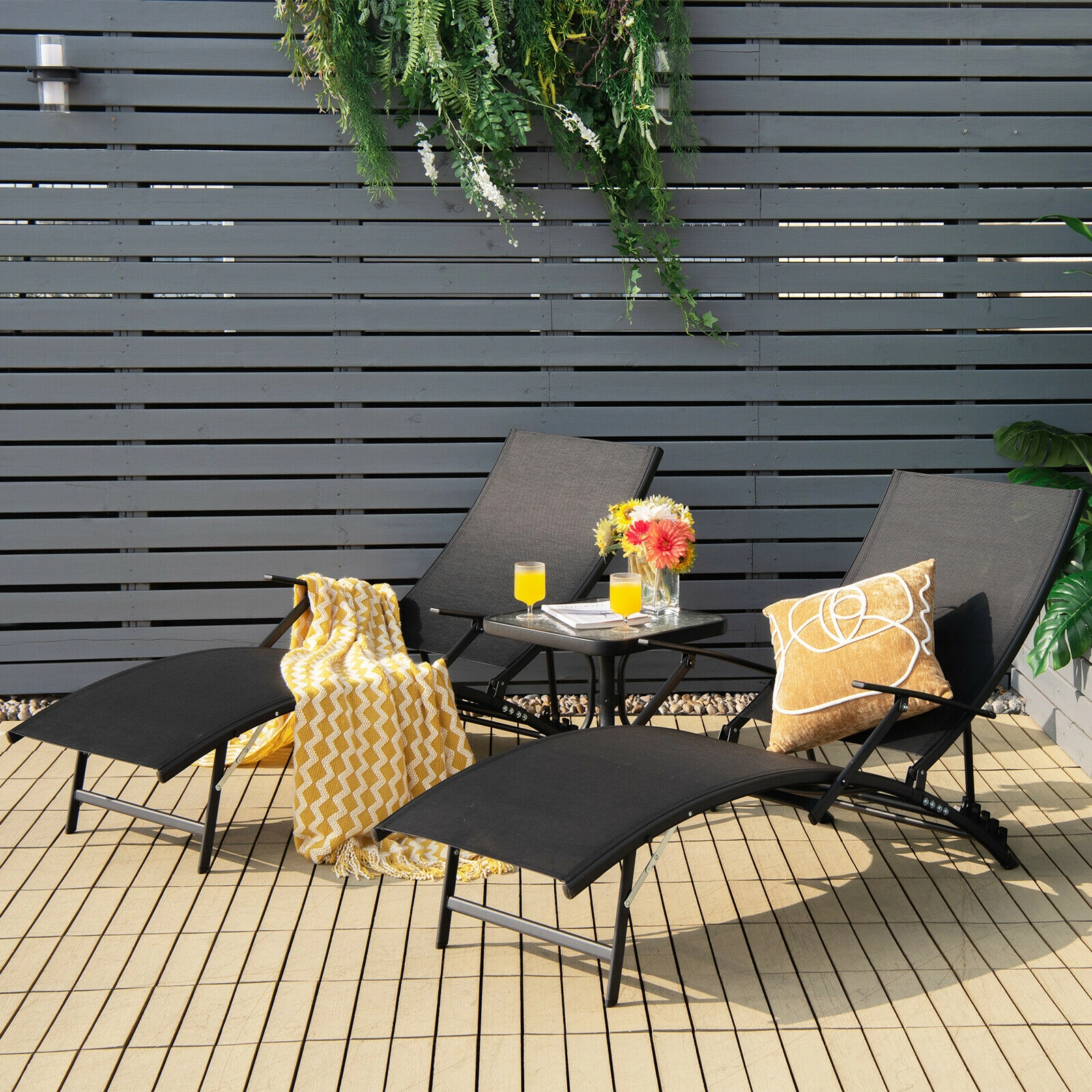 SUGIFT Set of 2 Black Stackable Patio Lounge Chairs with 5-Position Reclining Backrests
