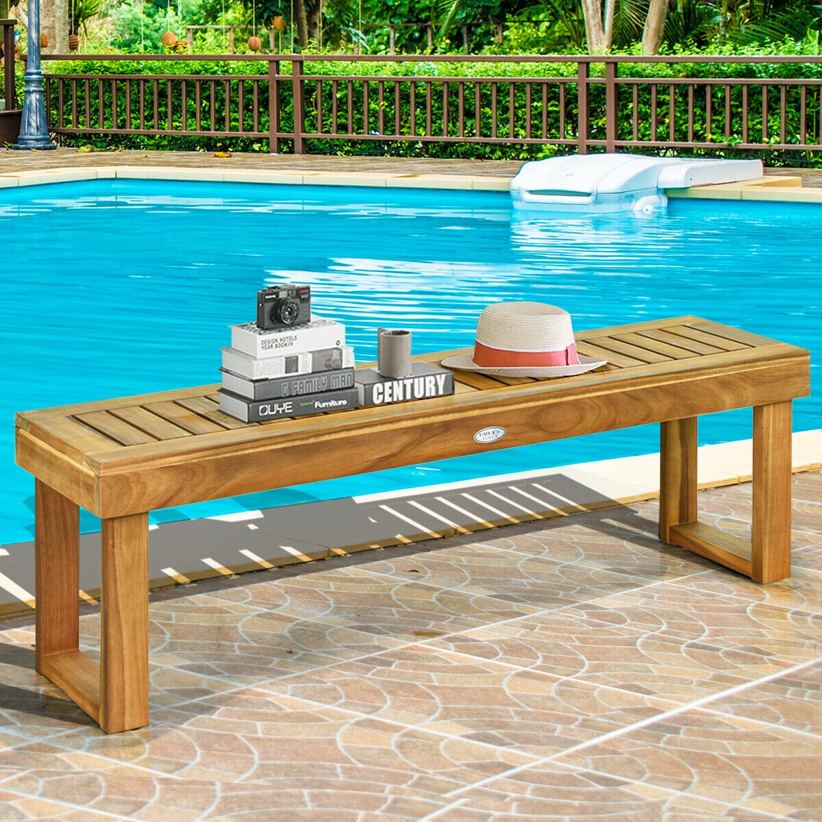 LJG 52 Inch Acacia Wood Dining Bench with Slatted Seat