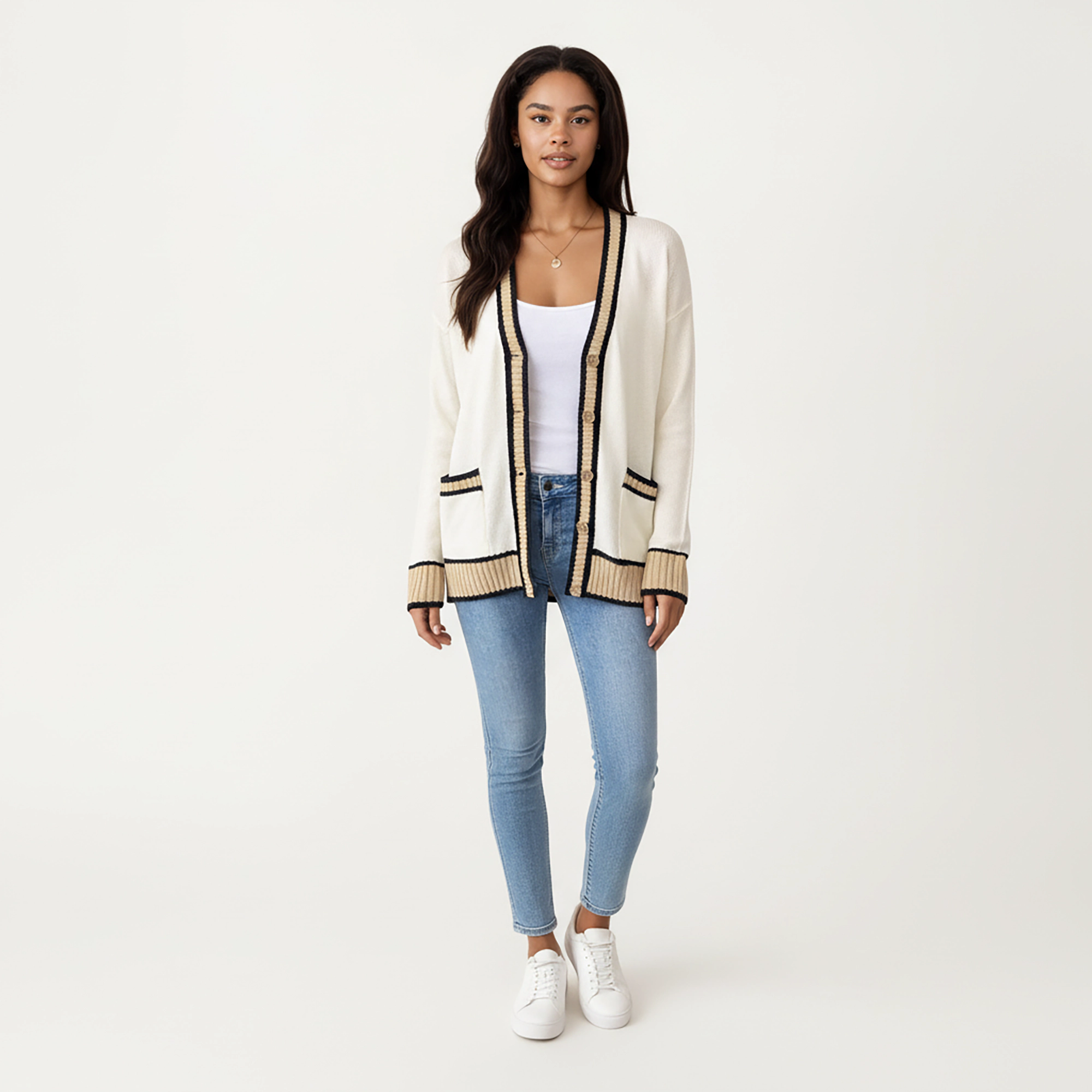 Anna-Kaci Women's Long Sleeve Button Front Cardigan Top with Contrast Ribbed Trim and Relaxed Fit Open Front Silhouette
