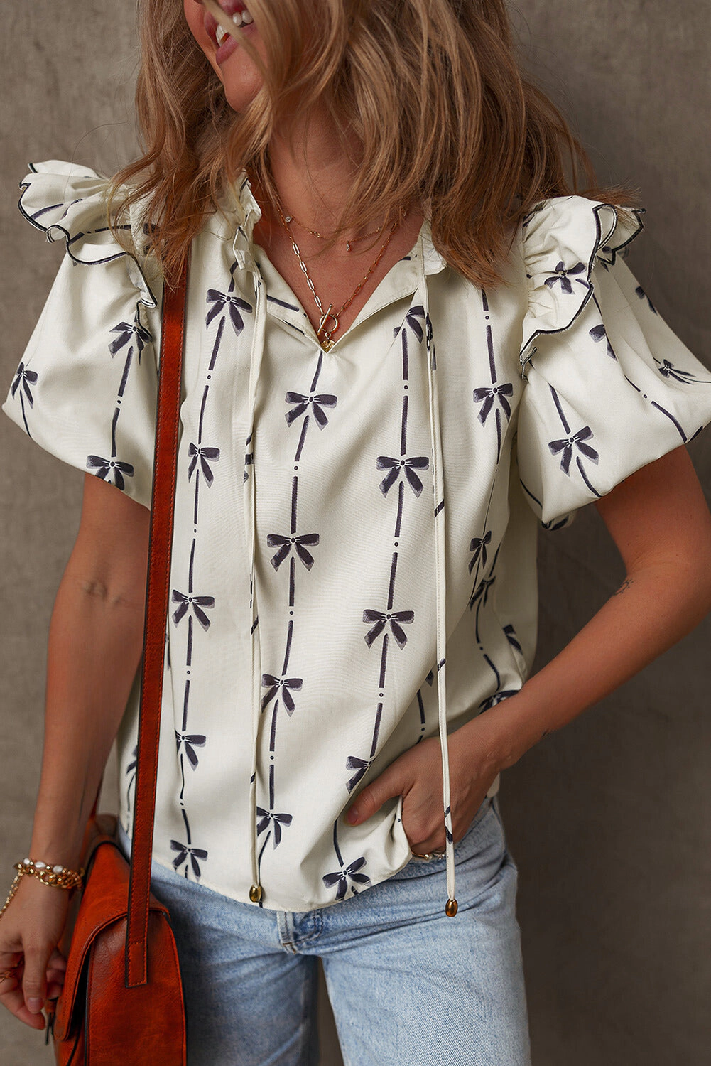Threaded Pear Women's Maisie Bow Bubble Sleeve Blouse