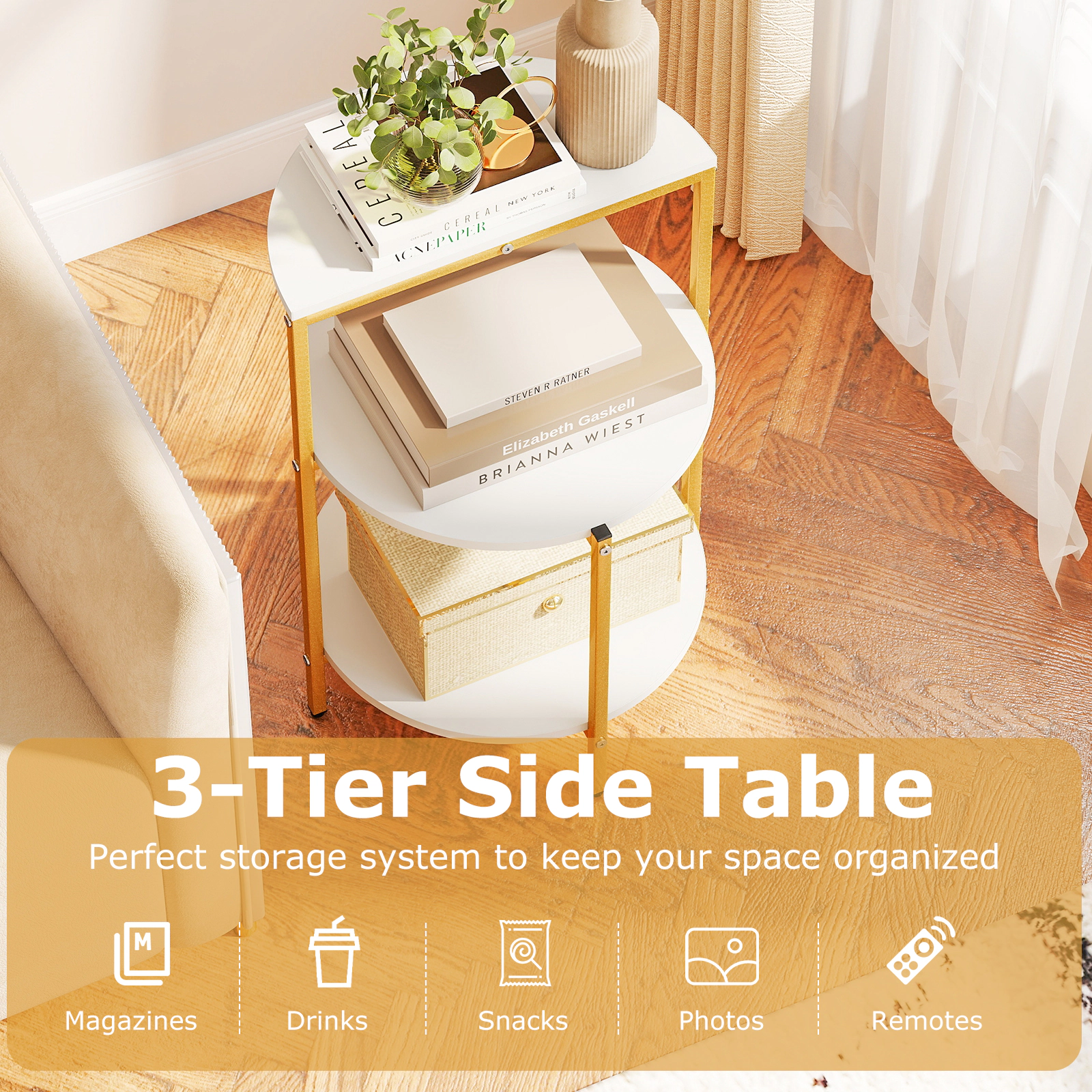 Glintex 2-Piece 3-Tier Round End Table Set with X-Shaped Metal Base, White