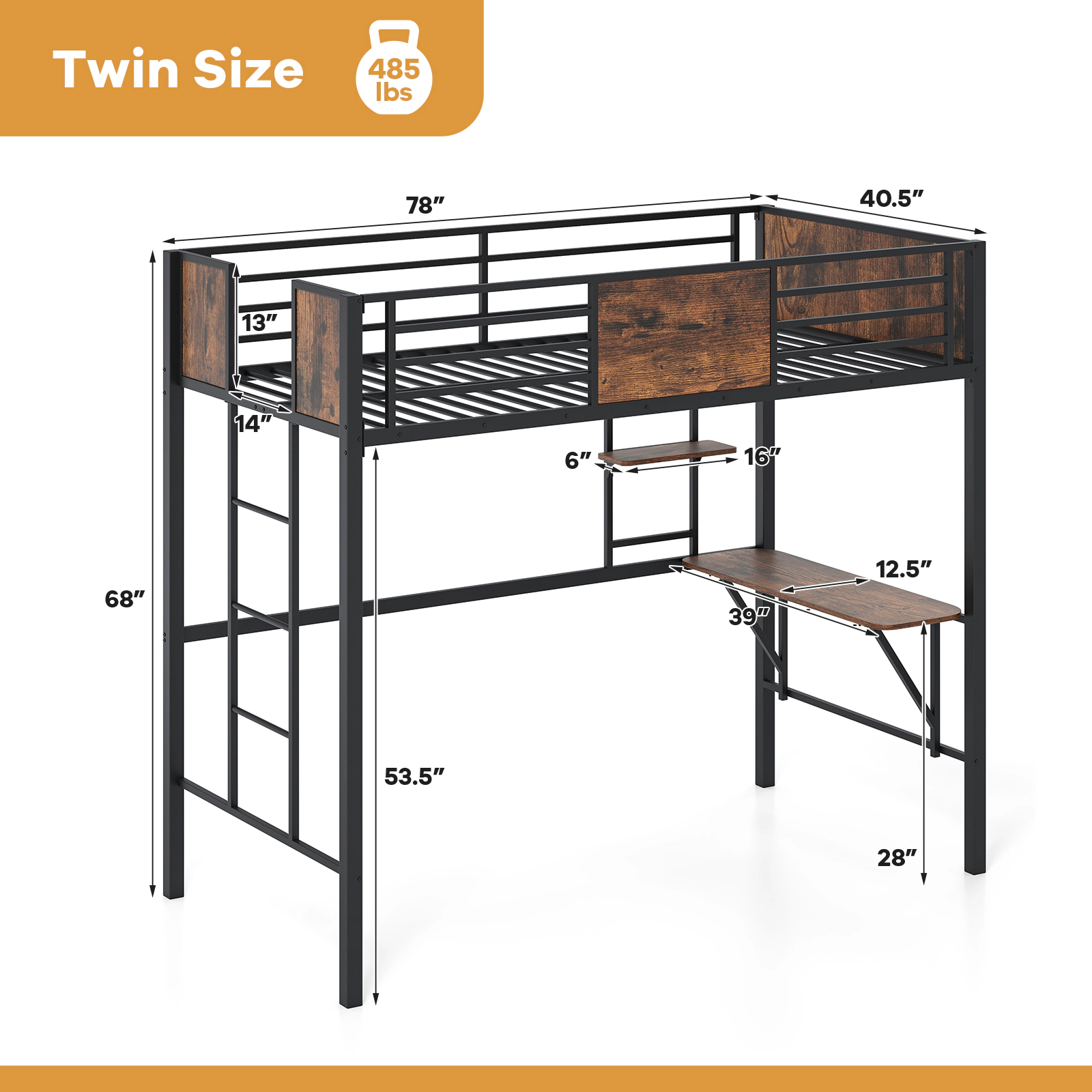 SUGIFT Twin Loft Bed with Desk and Open Shelf, Metal Frame, Black and Rustic Brown