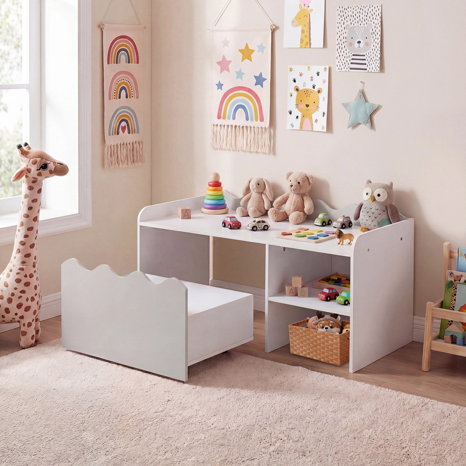 SUGIFT Kids Scalloped Rolling Toy Box Storage Bookshelf 35-in x 16-in x 18-in 77-lb Top Capacity Ages 3+ Gray