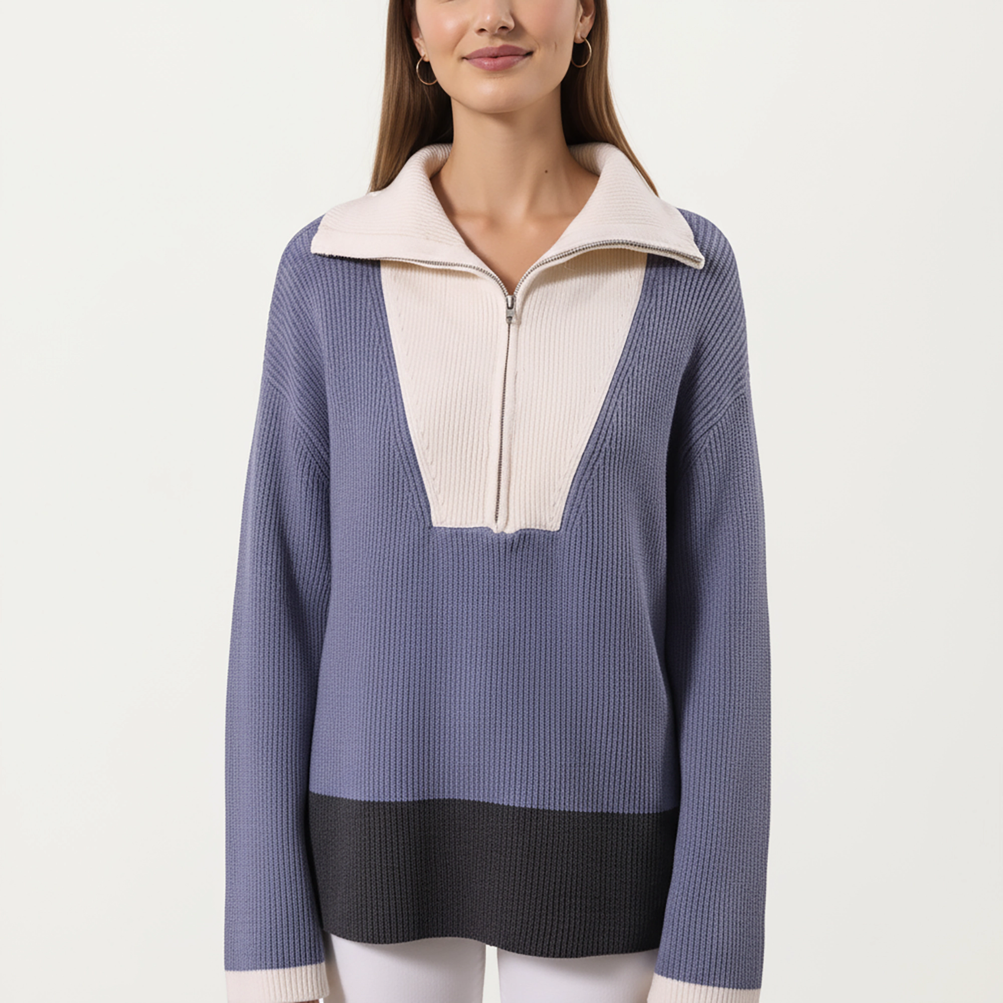 Anna-Kaci Women's Ribbed Half Zip Foldover Collar Contrast Hem Long Sleeve Knit Top