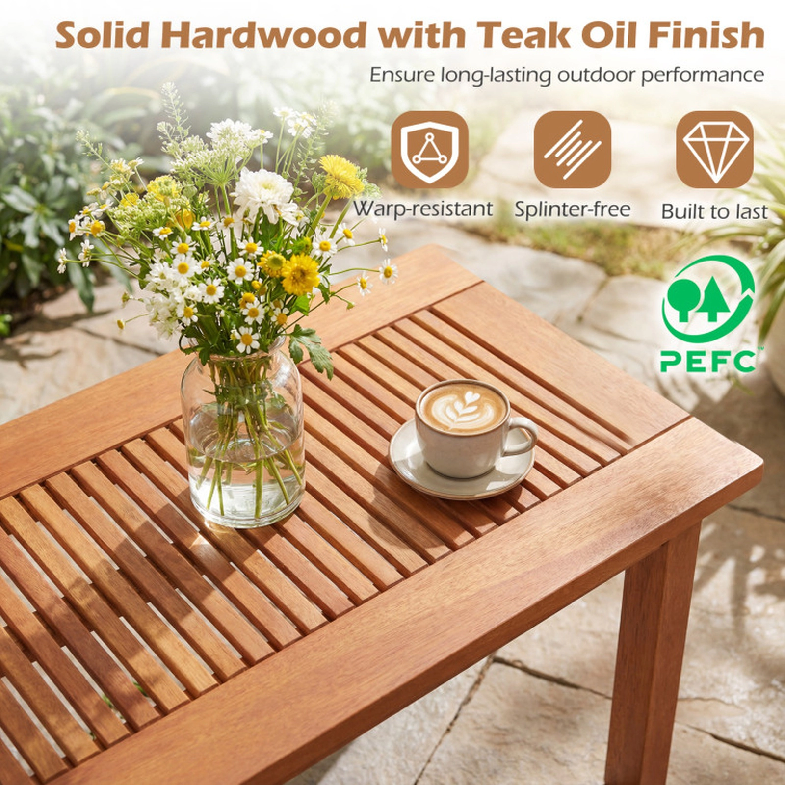 SUGIFT 35.5-in Outdoor Modern Rectangular Hardwood Coffee Table with Slatted Top 130-lb Capacity Rustic Brown 1-Piece