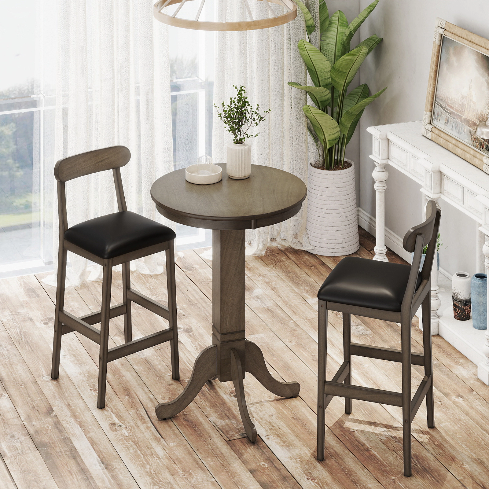 SUGIFT Rubber Wood Pub Round Dining Table with Pedestal Base 180-lb Capacity Espresso/Gray