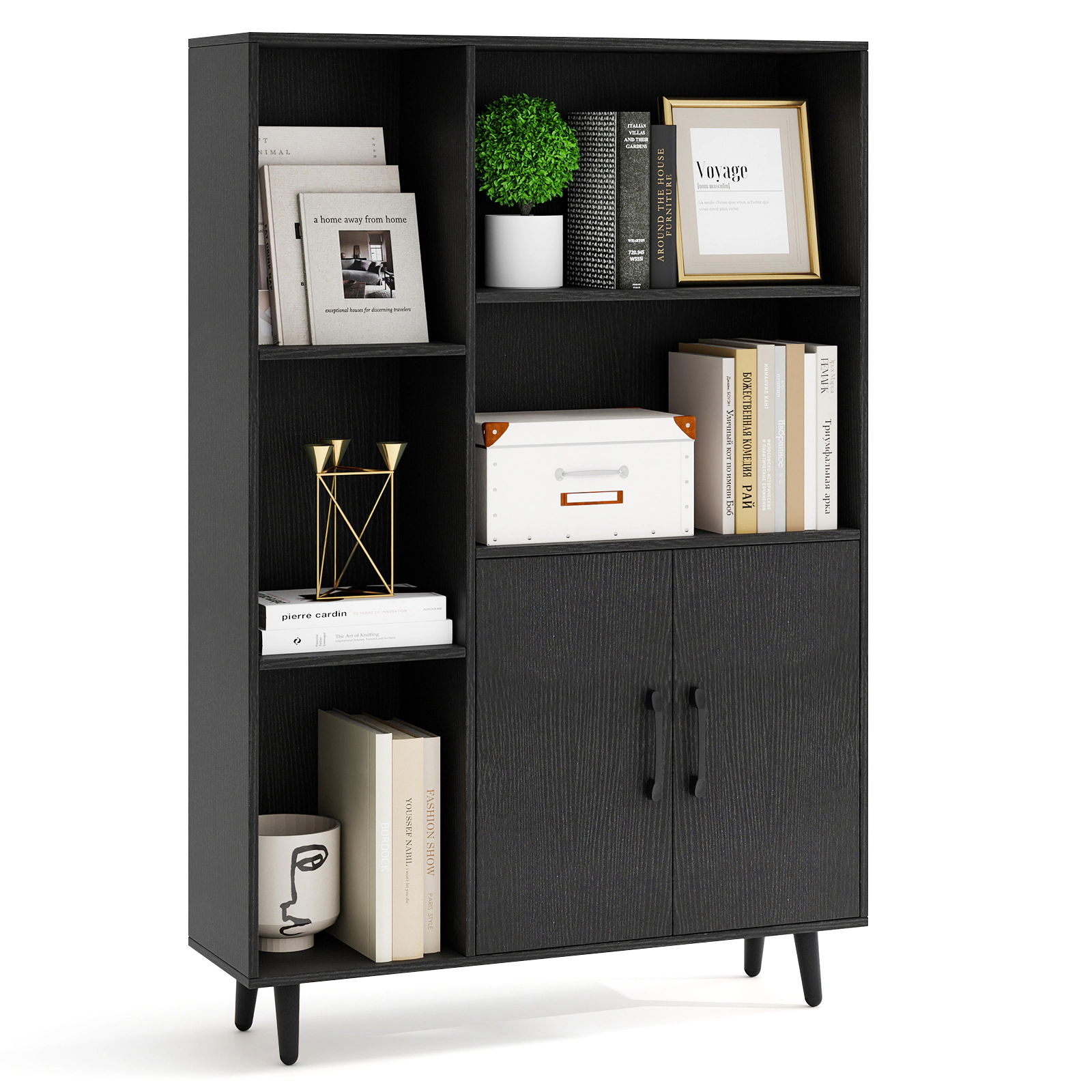 LJG 4 Inch Floor Bookshelf with 5 Open Compartments and Storage Cabinet