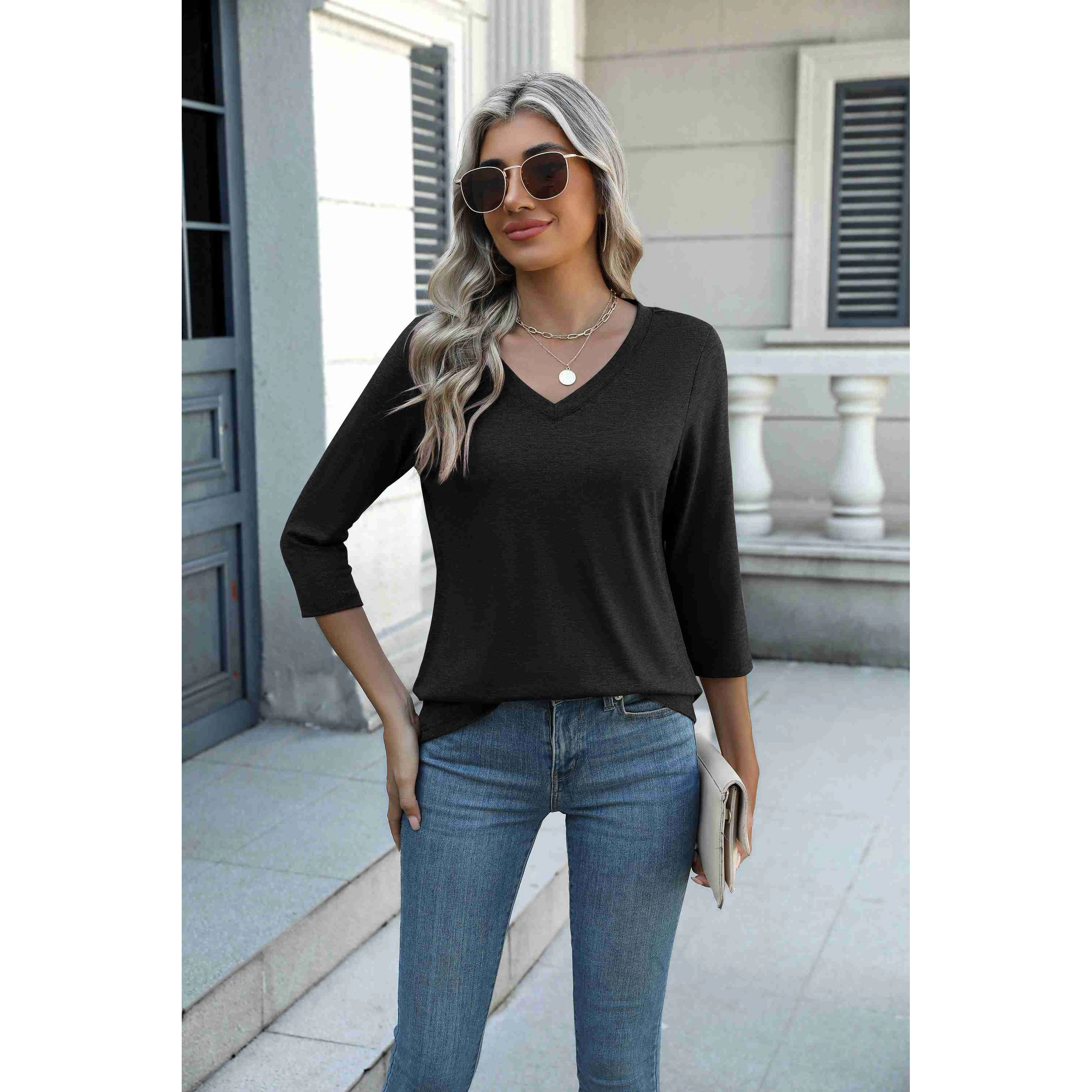 Zeagoo Women Floral Three Quarter Sleeve Blouse