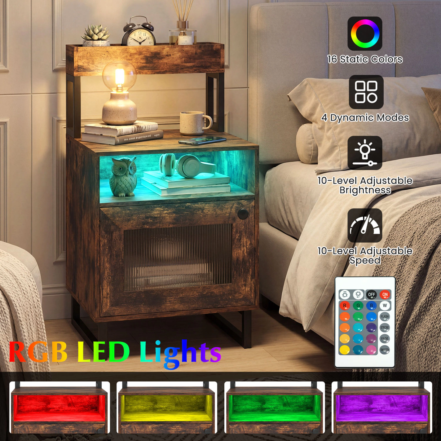 Hivvago Modern Bedside Table with LED Lighting
