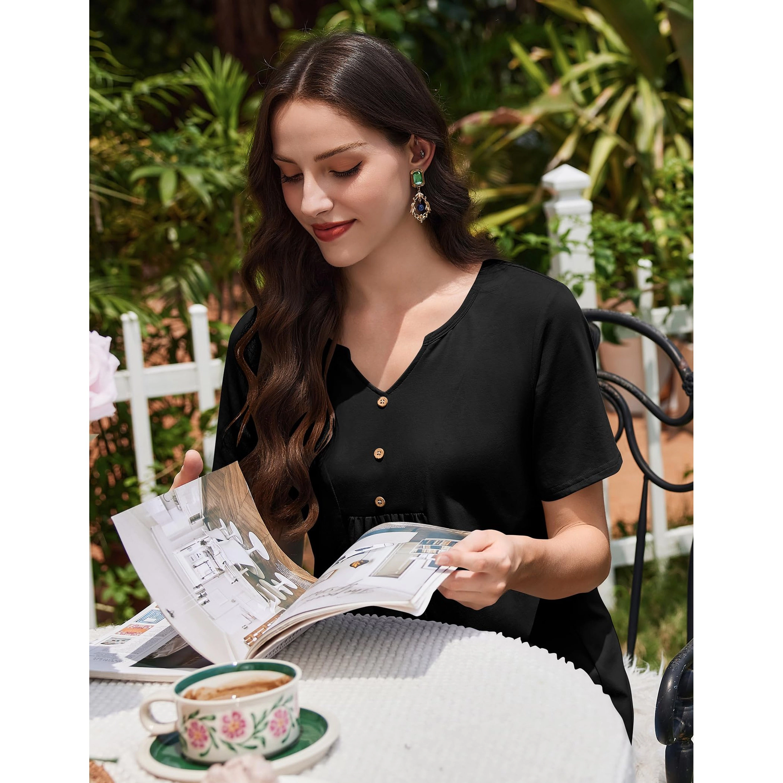Ekouaer Nightgowns for Women Cotton Night Gowns Pleated Nightshirts Henley V Neck Sleepshirts Short