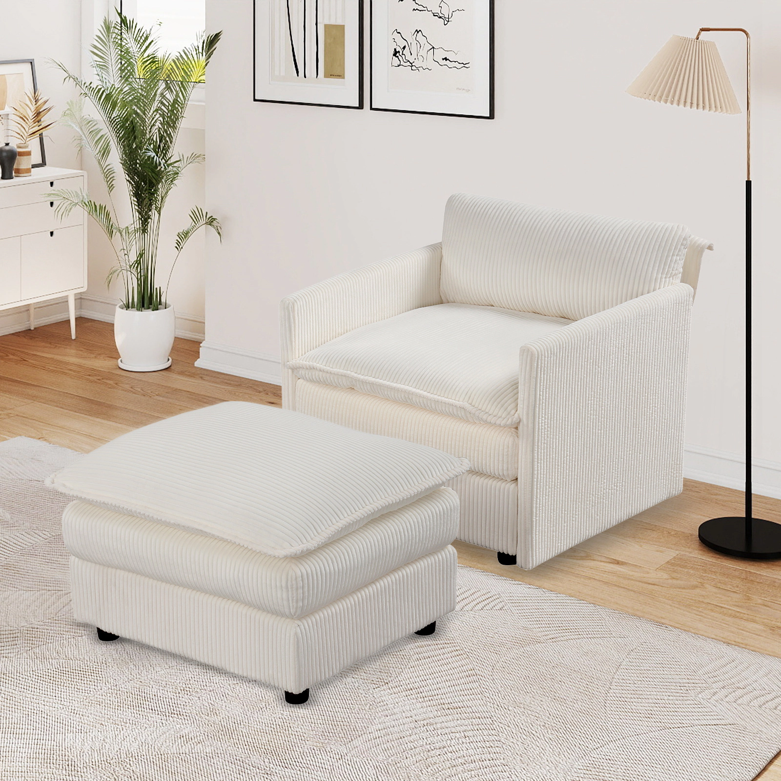 SUGIFT Oversized Beige Corduroy Accent Chair with Ottoman, Deep Seat
