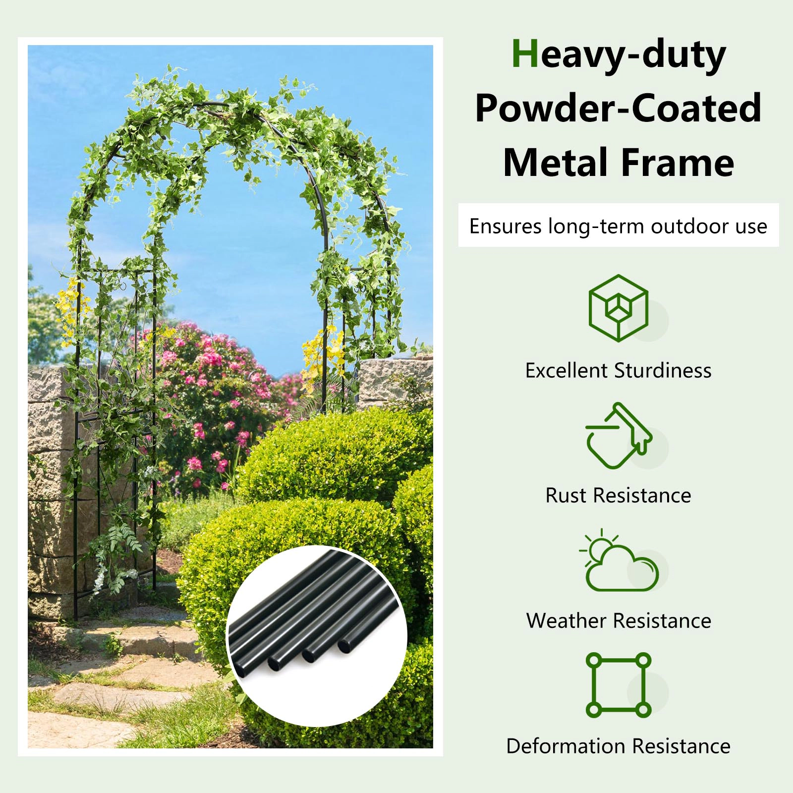 SUGIFT 87-in Black Metal Garden Arch Arbor Trellis with 61-in Side Trellises and 4 Ground Stakes