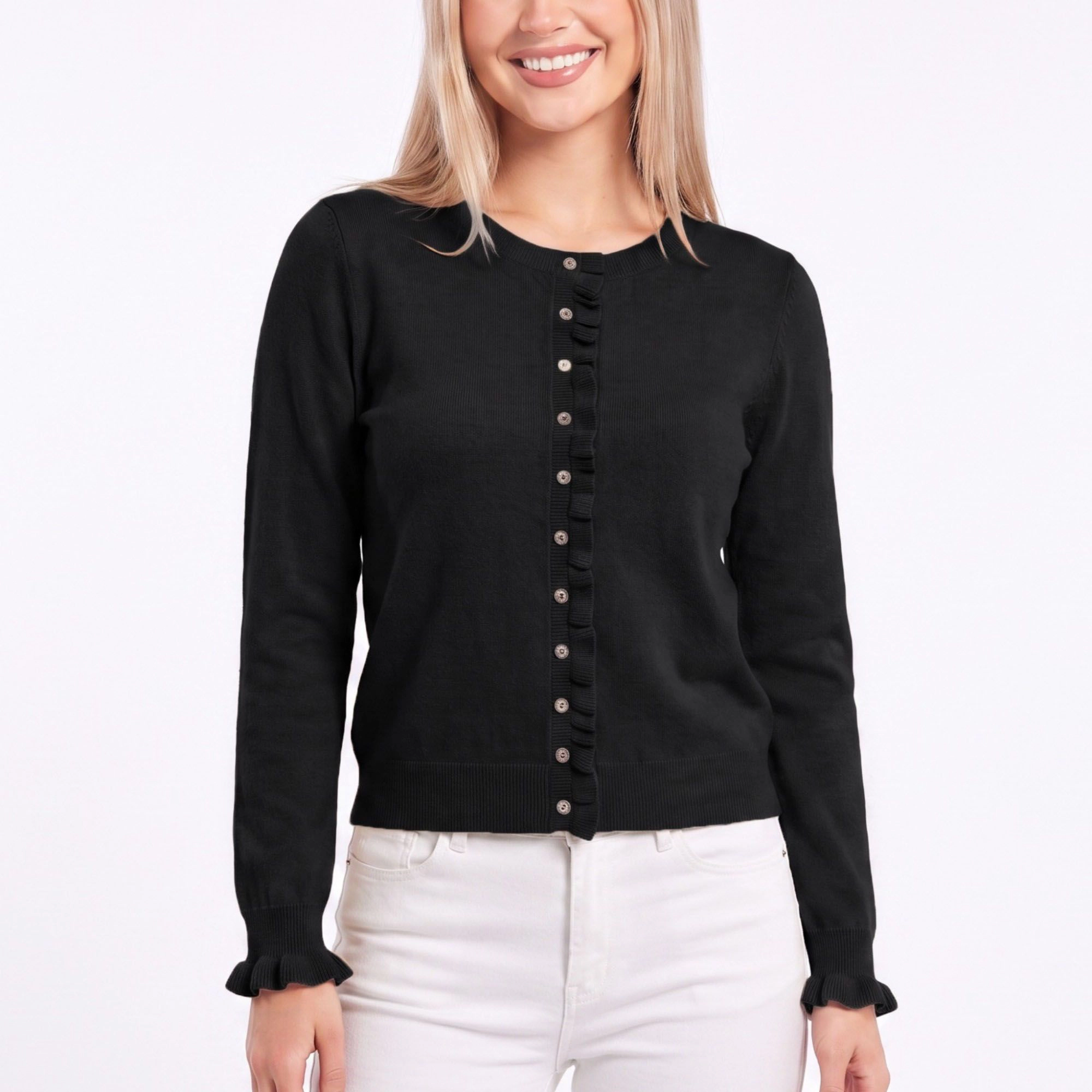 Anna-Kaci Women's Ruffle Trim Button-Front Knit Cardigan