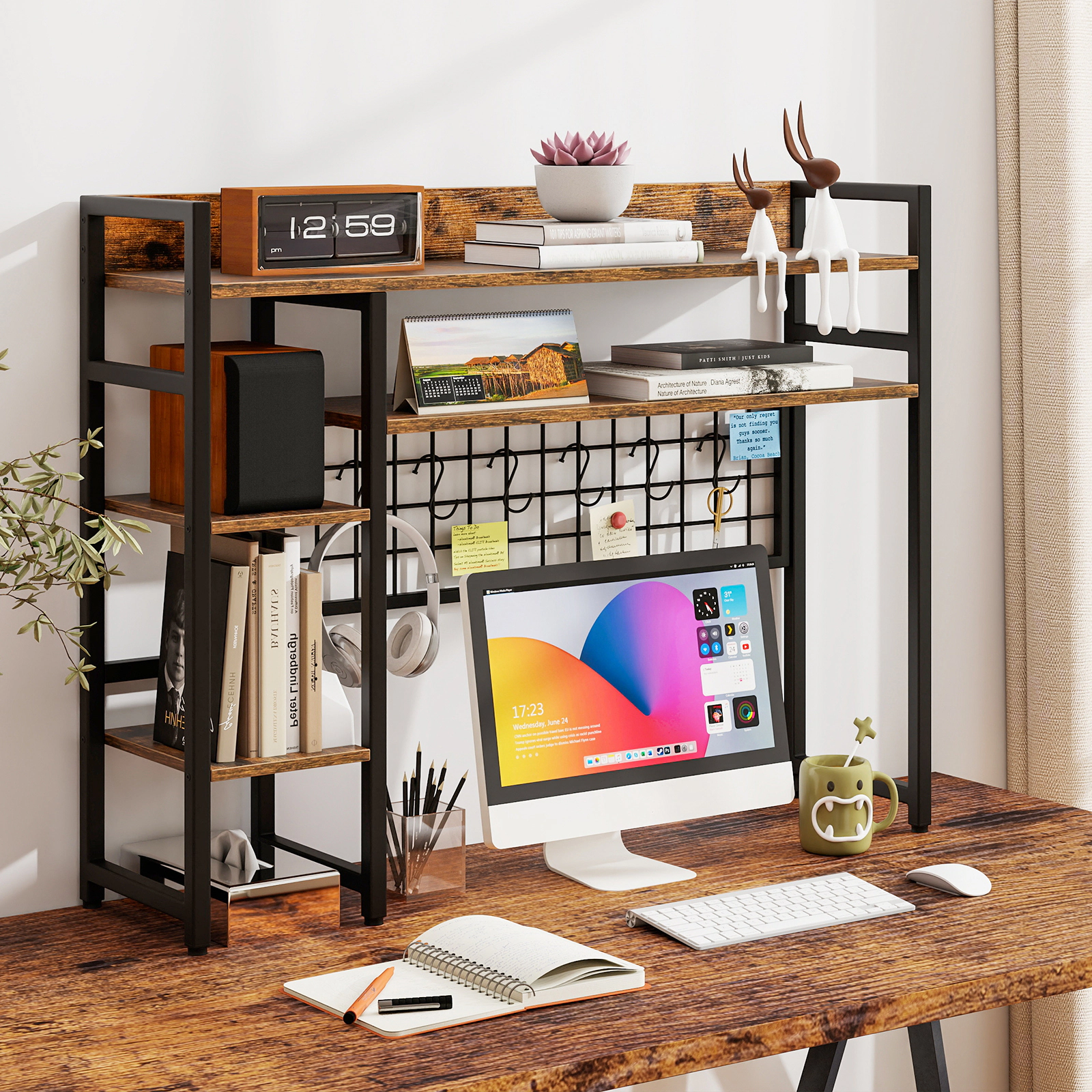 SUGIFT 4-Tier Rustic Brown Desktop Bookshelf with Metal Grid Panel 6 Hooks and Display Rack for Monitor