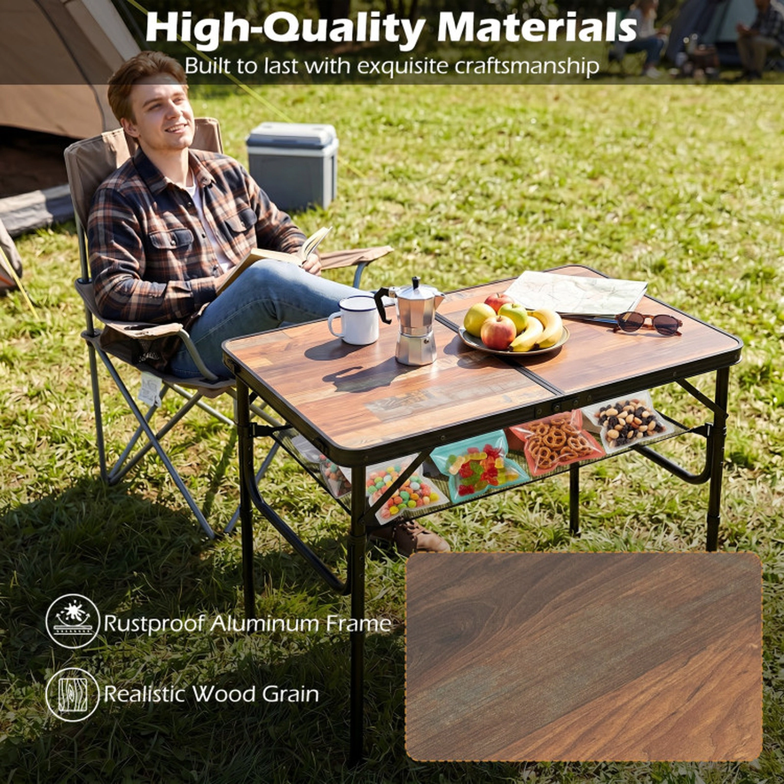 SUGIFT Brown Folding Camping Table with Storage Net 37-in W 24-in D 16-in H to 28-in H 135-lb Tabletop Capacity