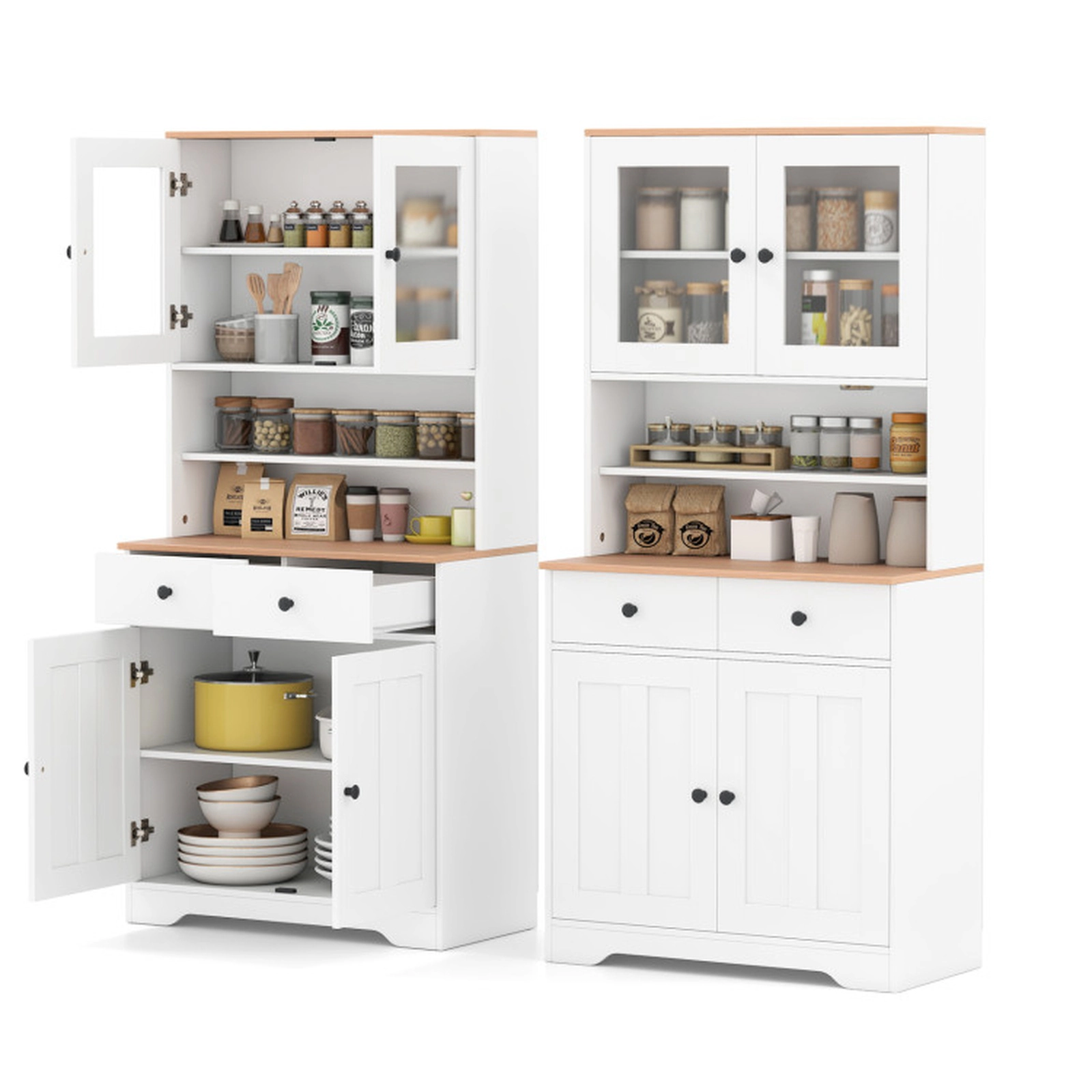 SUGIFT Adjustable Storage Pantry Cabinet Sideboard with 2 Shelves 67-in Tall Black/White Engineered Wood and Glass