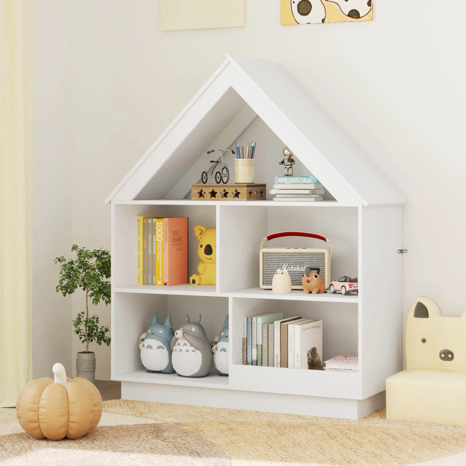 Costway Wooden Kids Dollhouse Bookshelf with Open Shelves Anti-toppling System Bookcase White