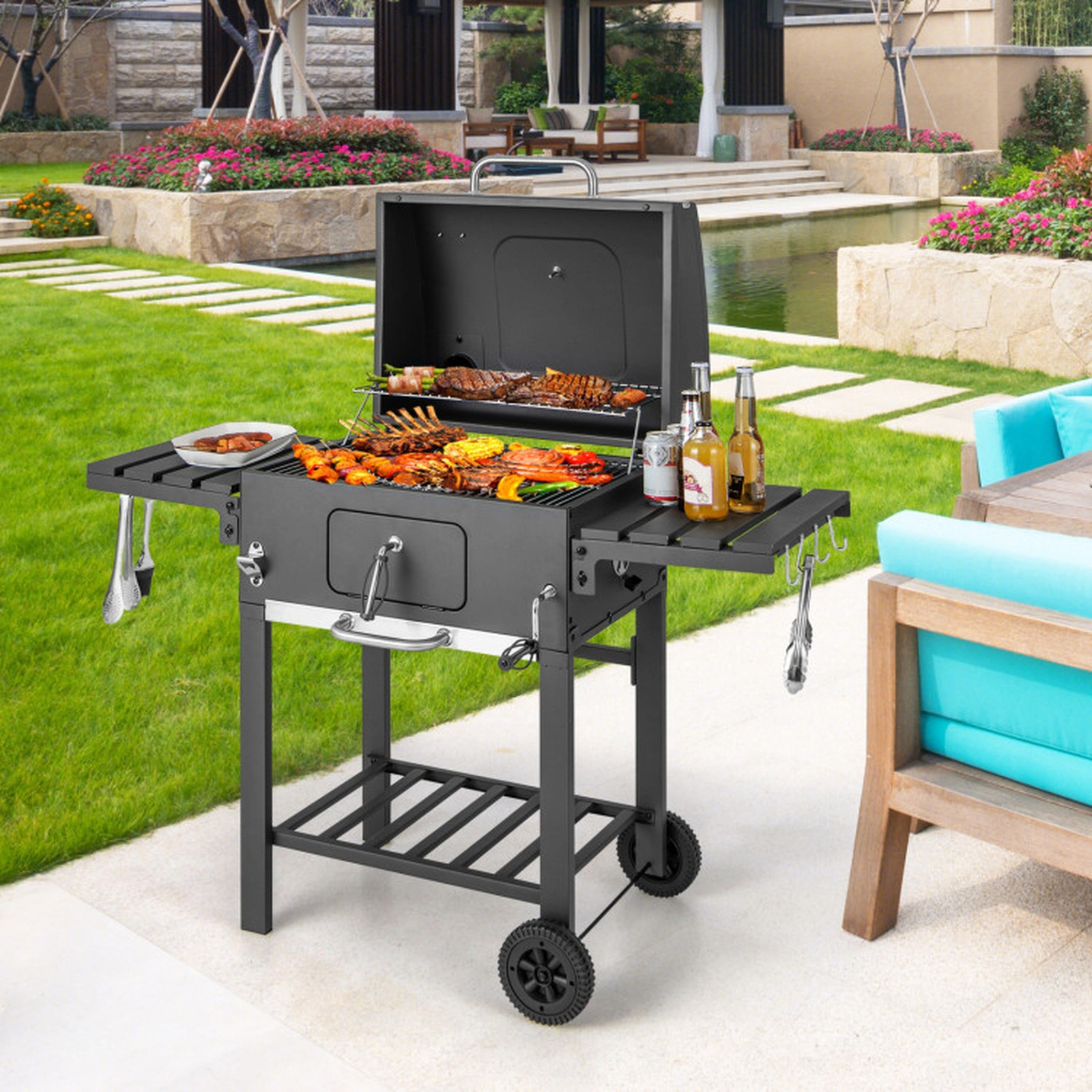 SUGIFT Black Outdoor Charcoal Grill with 2 Foldable Side Tables and Wheels 50.5-in W 21-in D 46-in H